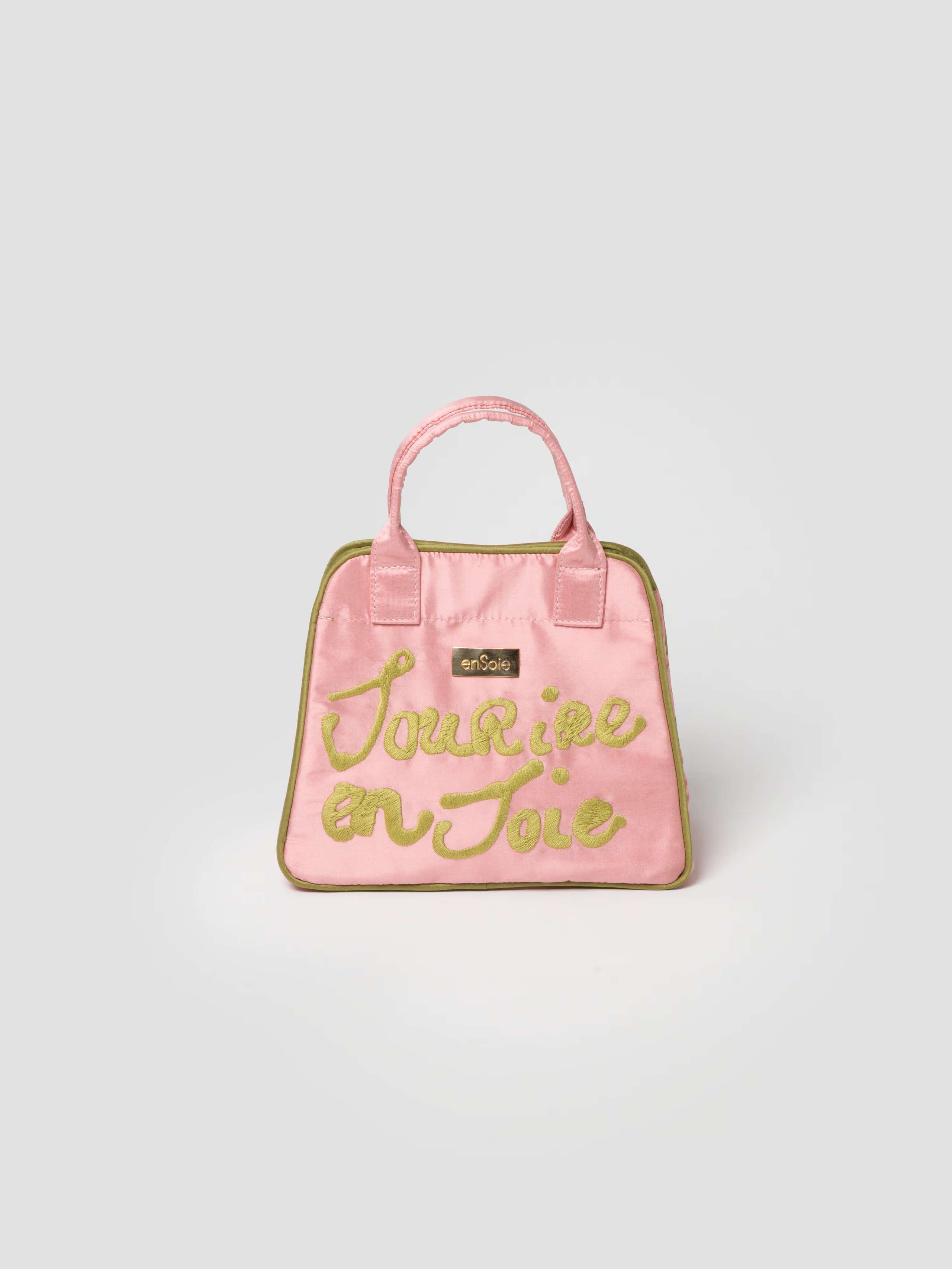 Front Product Shot of Daisy Proverb Bag Sourire en Soie embroidery side in Fleur Rose