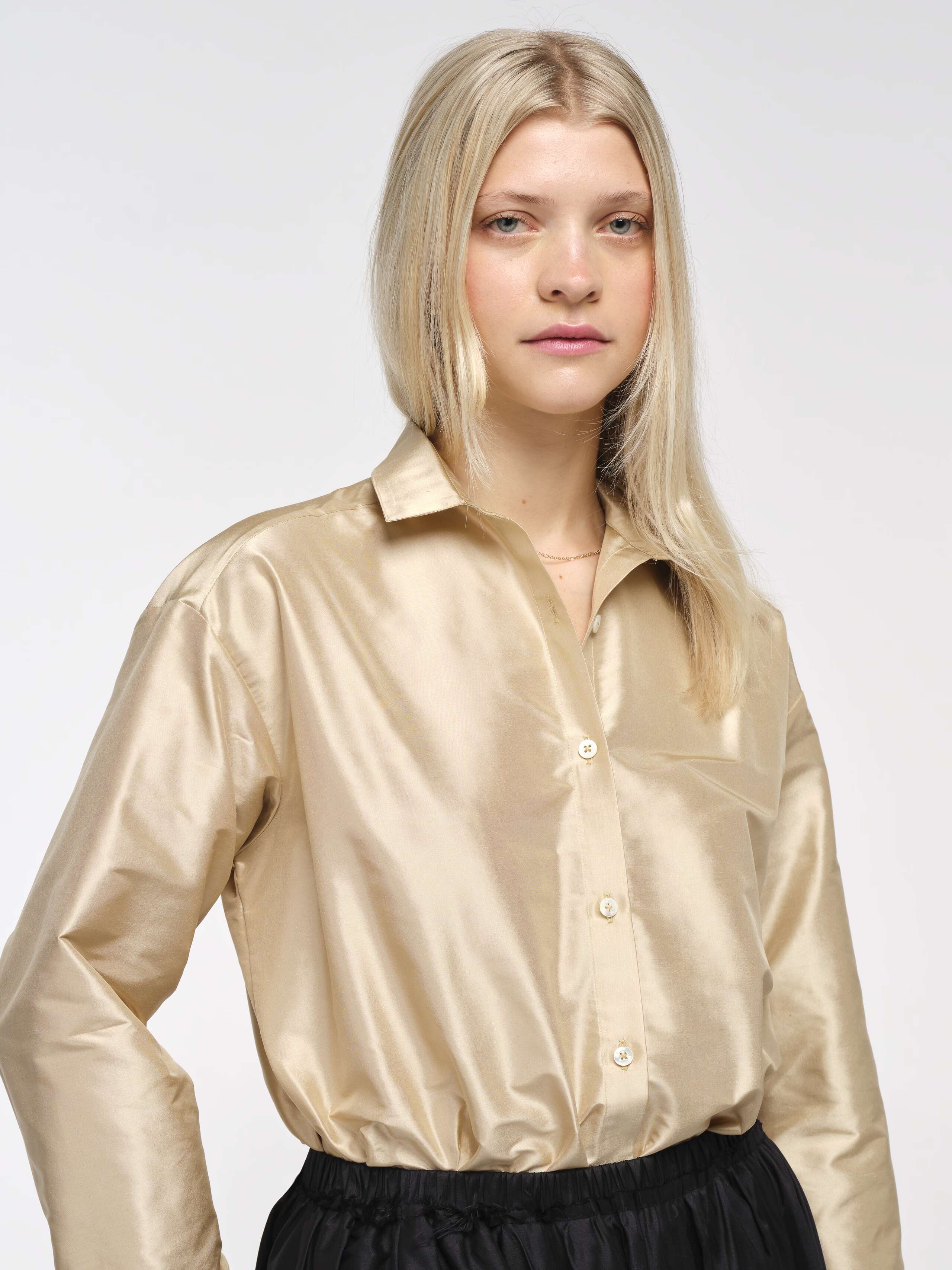 Closeup Front Shot of Model Wearing Beige Doupion Francesca Blouse