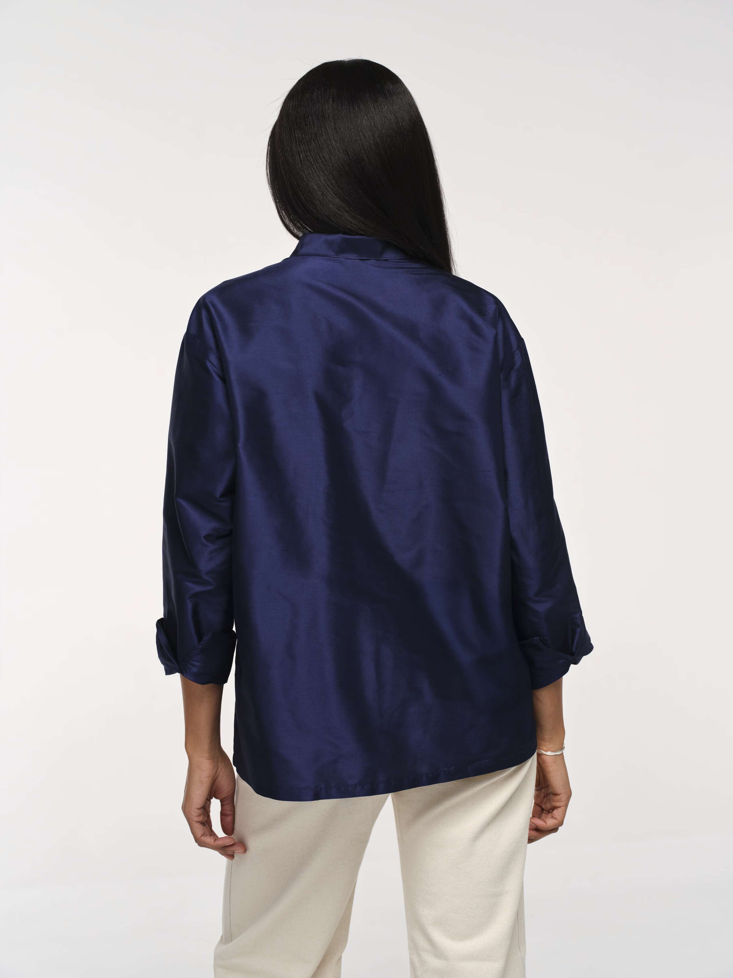 Back Shot of Model Wearing Zurich Navy Doupion Francesca Blouse