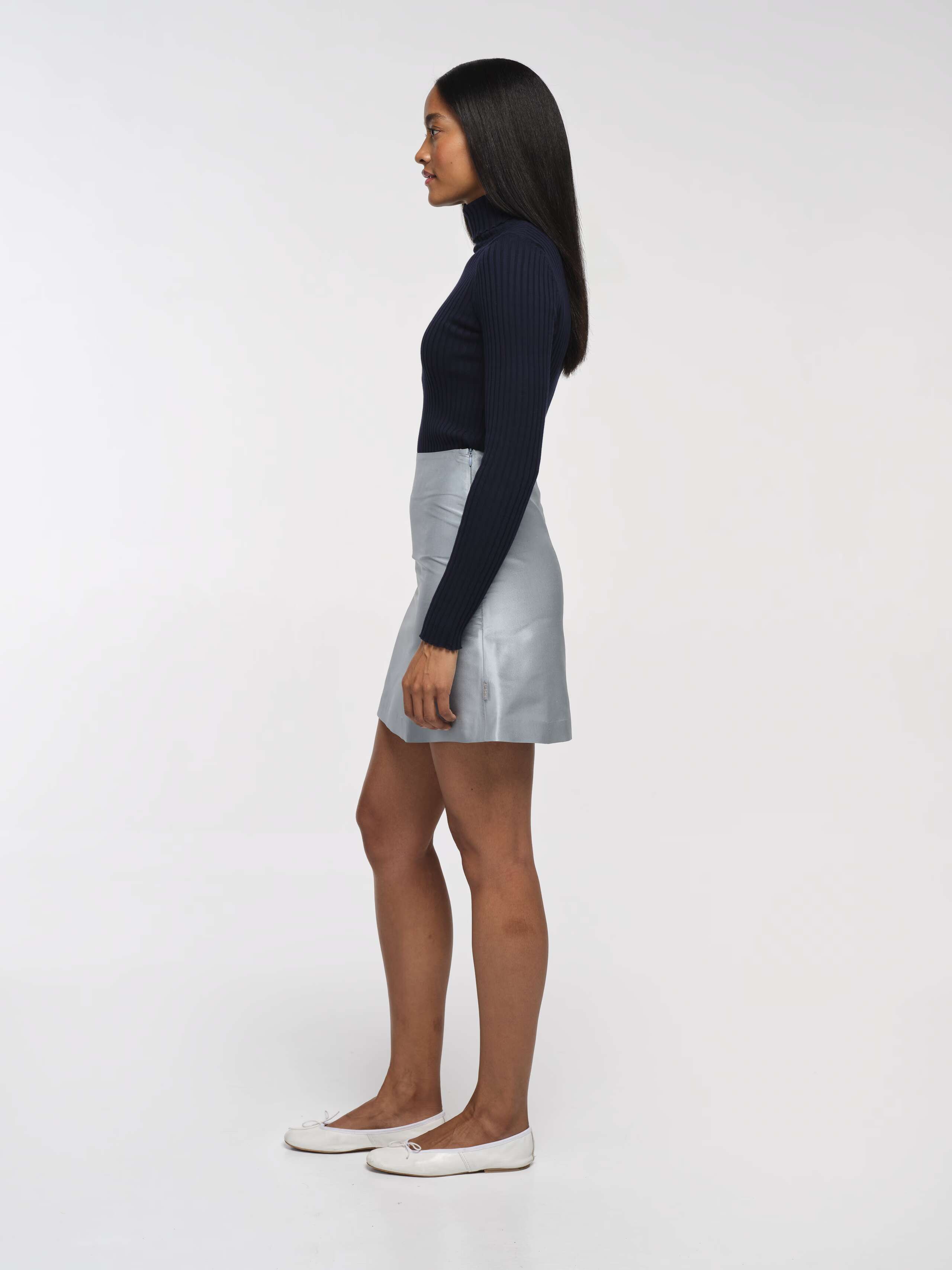Side Shot of Model Wearing Dream Blue Ilsa Doupion Silk Skirt 
