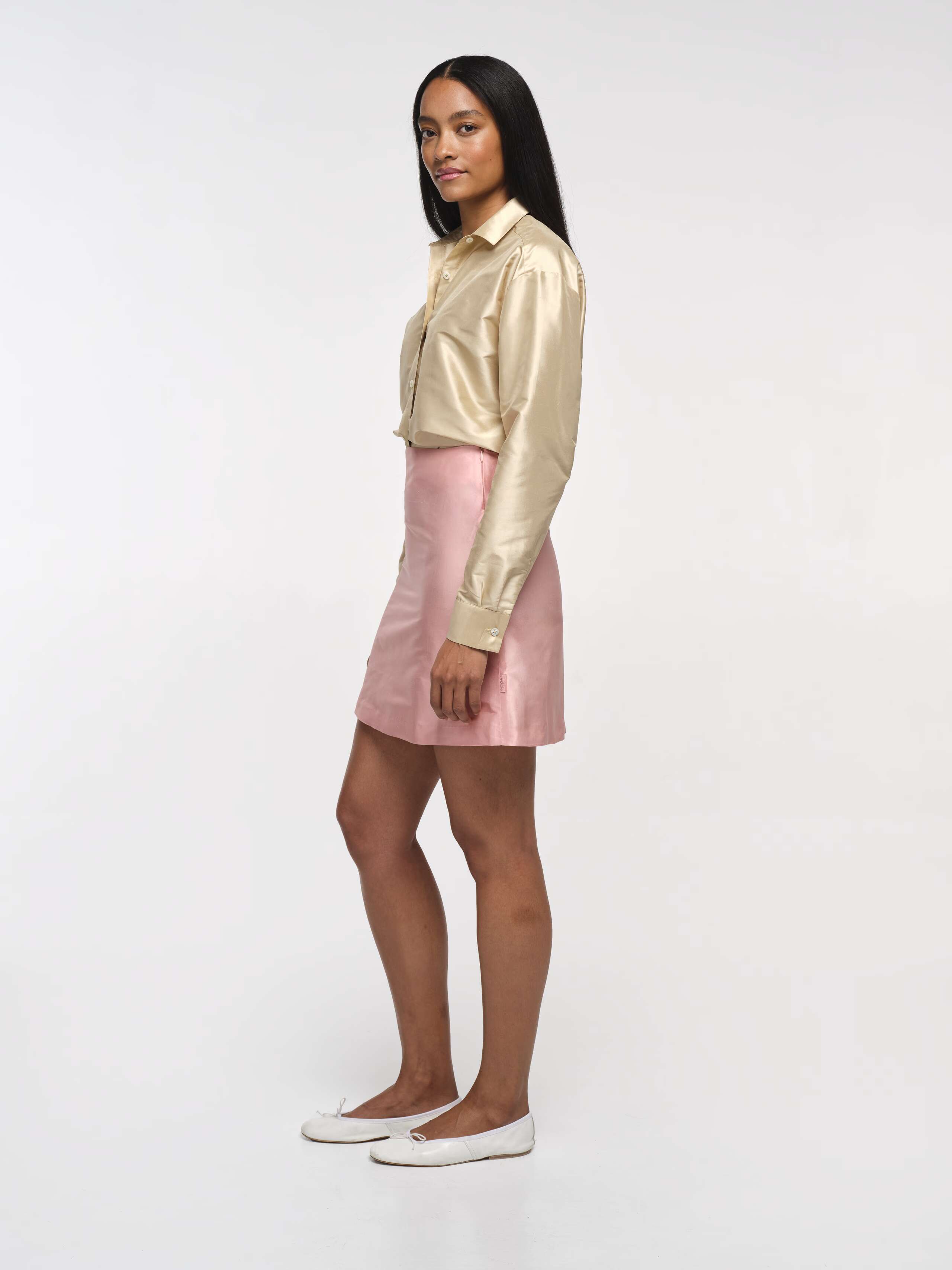 Side Shot of Model Wearing Fleur Rose Ilsa Doupion Silk Skirt 
