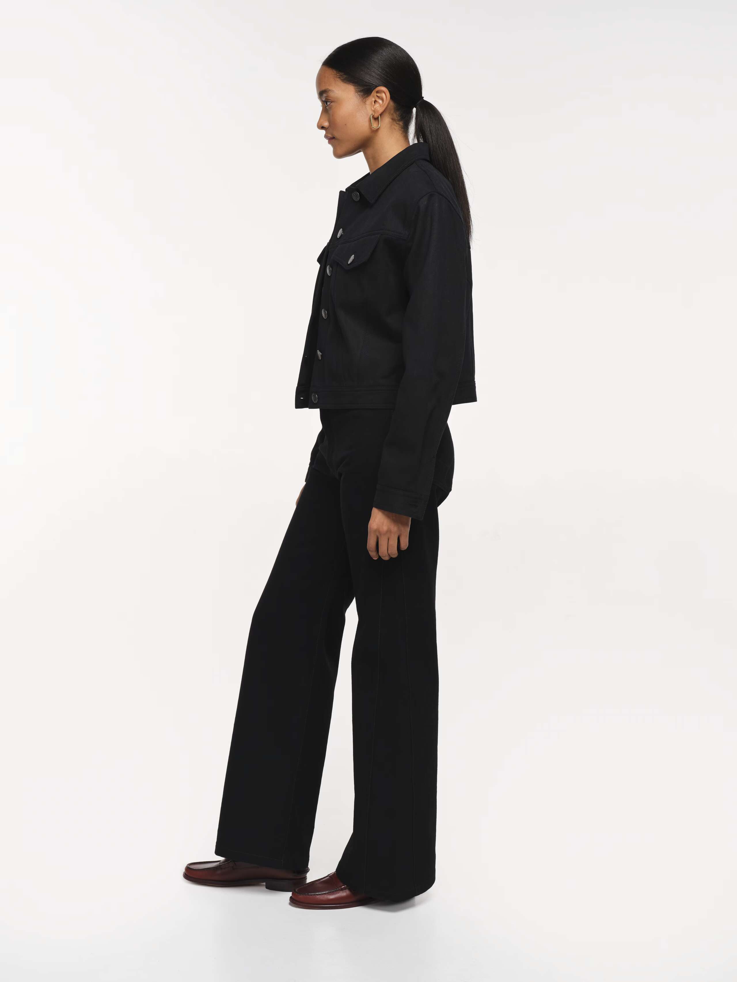 Full side shot of Model wearing Jill Jean Jacket in Best Black 