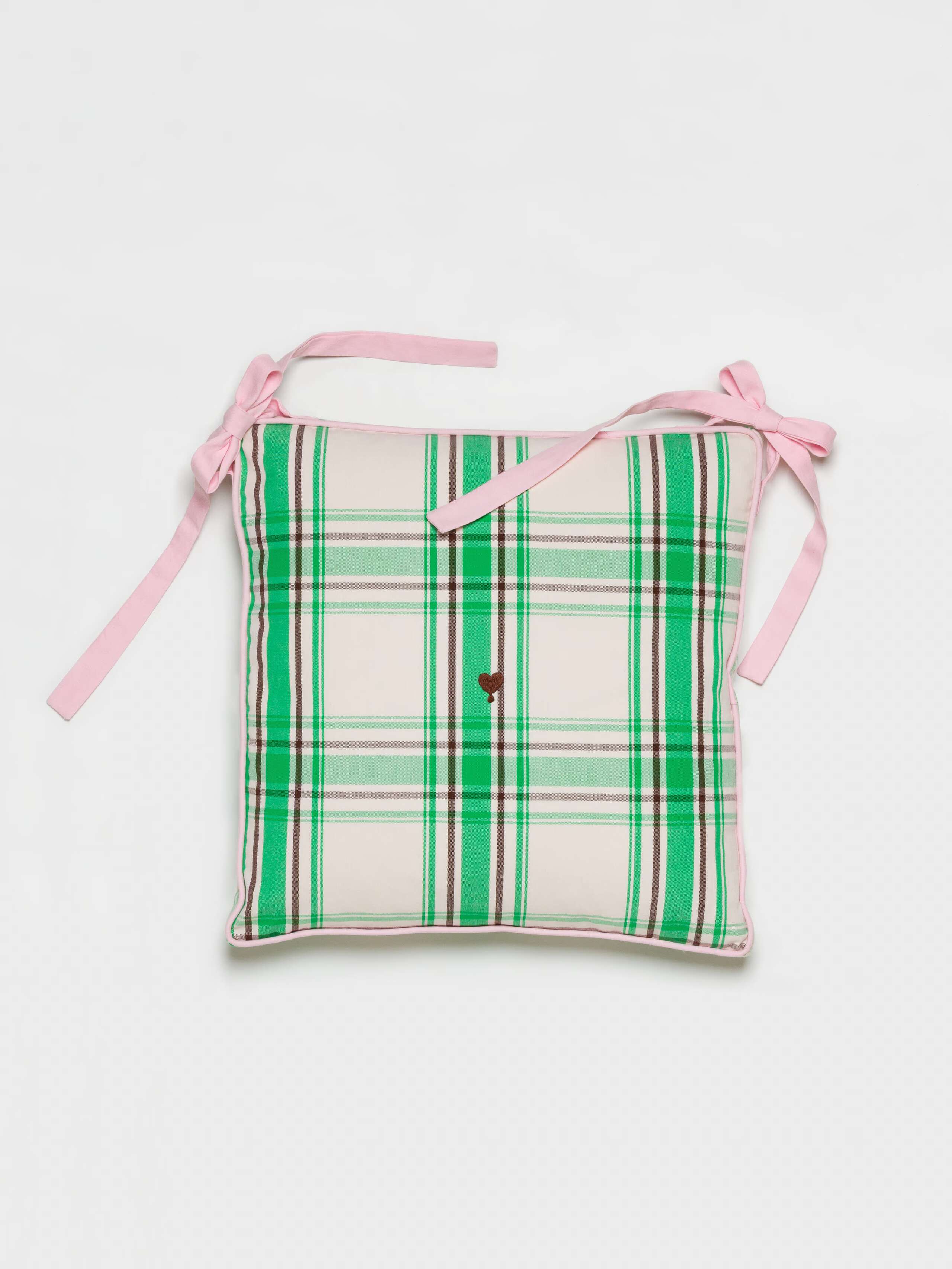 Millie seat cushion in bright meadow check with ribbons in fresh rose
