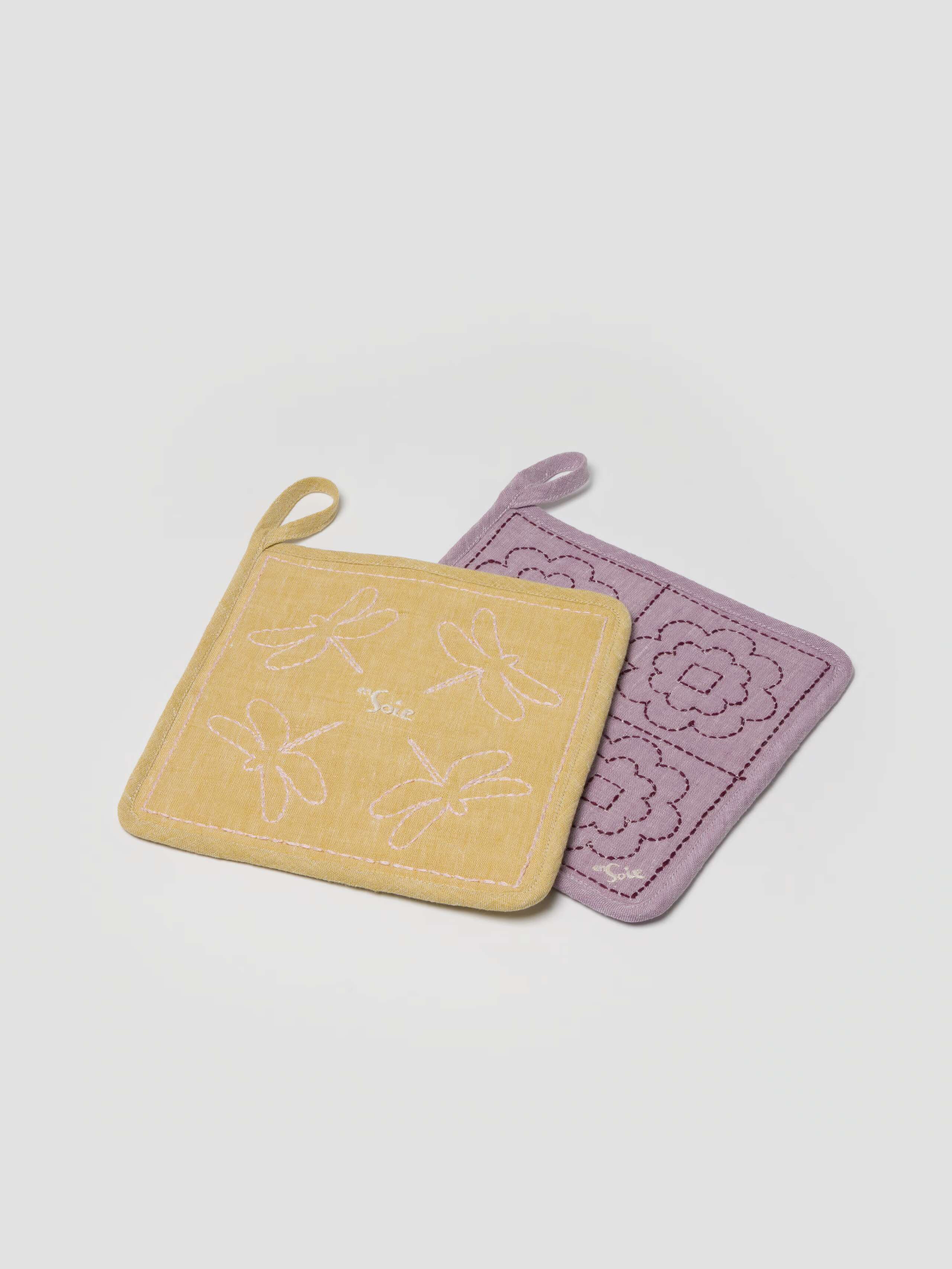 Martha potholders in lime and lavender