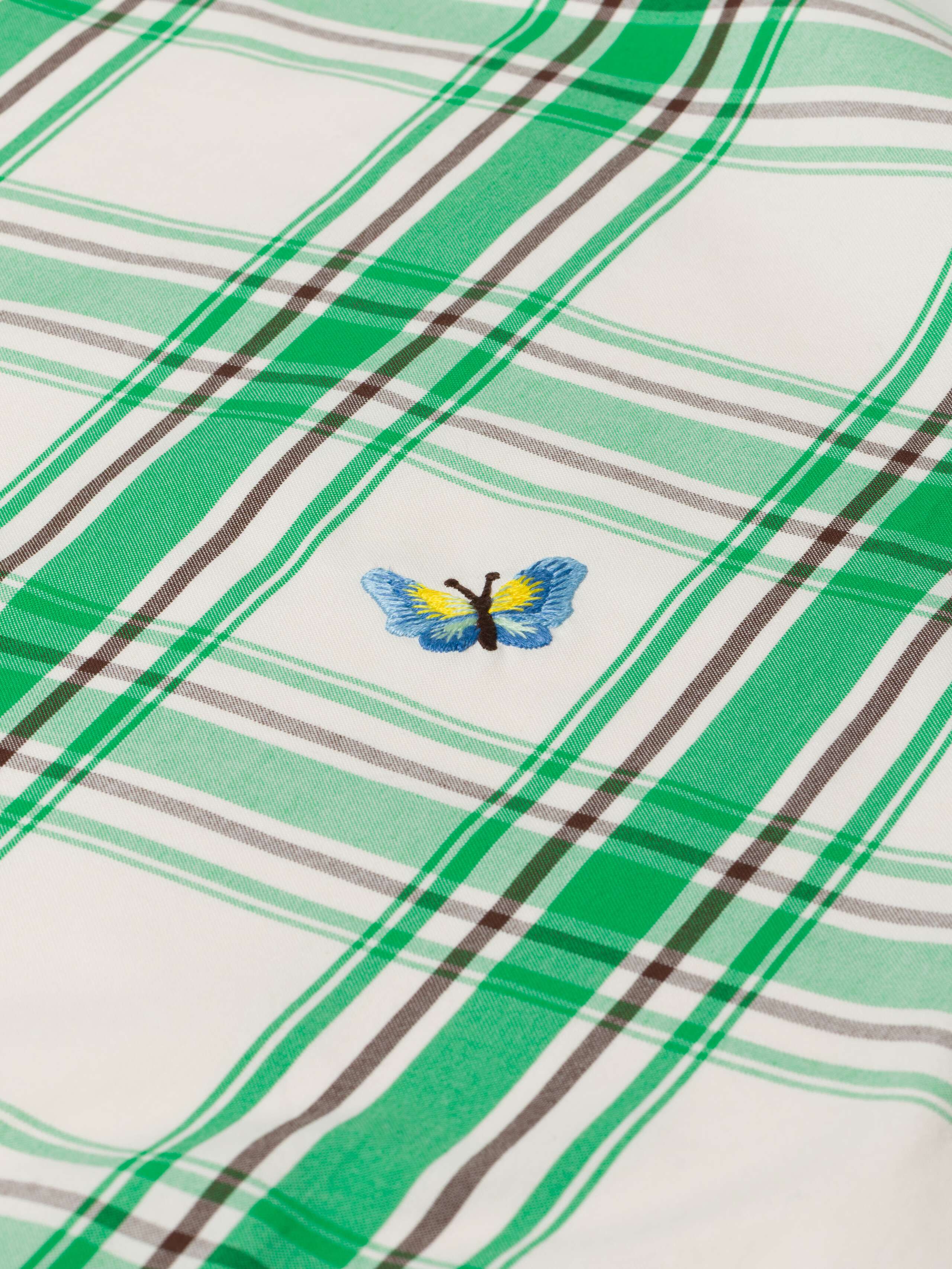 Charlotte Table cloth in bright meadow check, embroidered with small butterflies