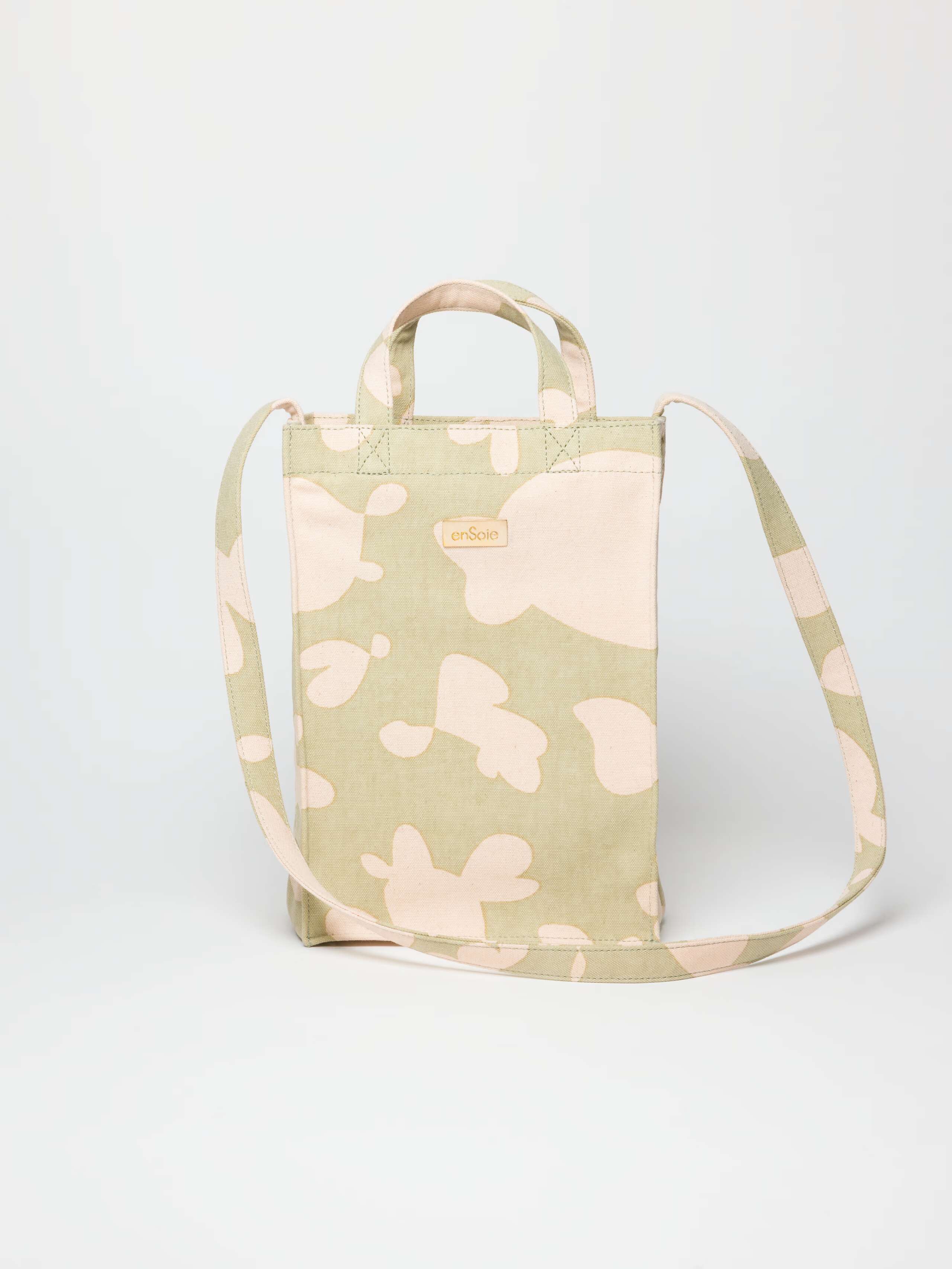 Product shot of S Inspired Hearts Cabas bag in Taupe with Pink and strap showing