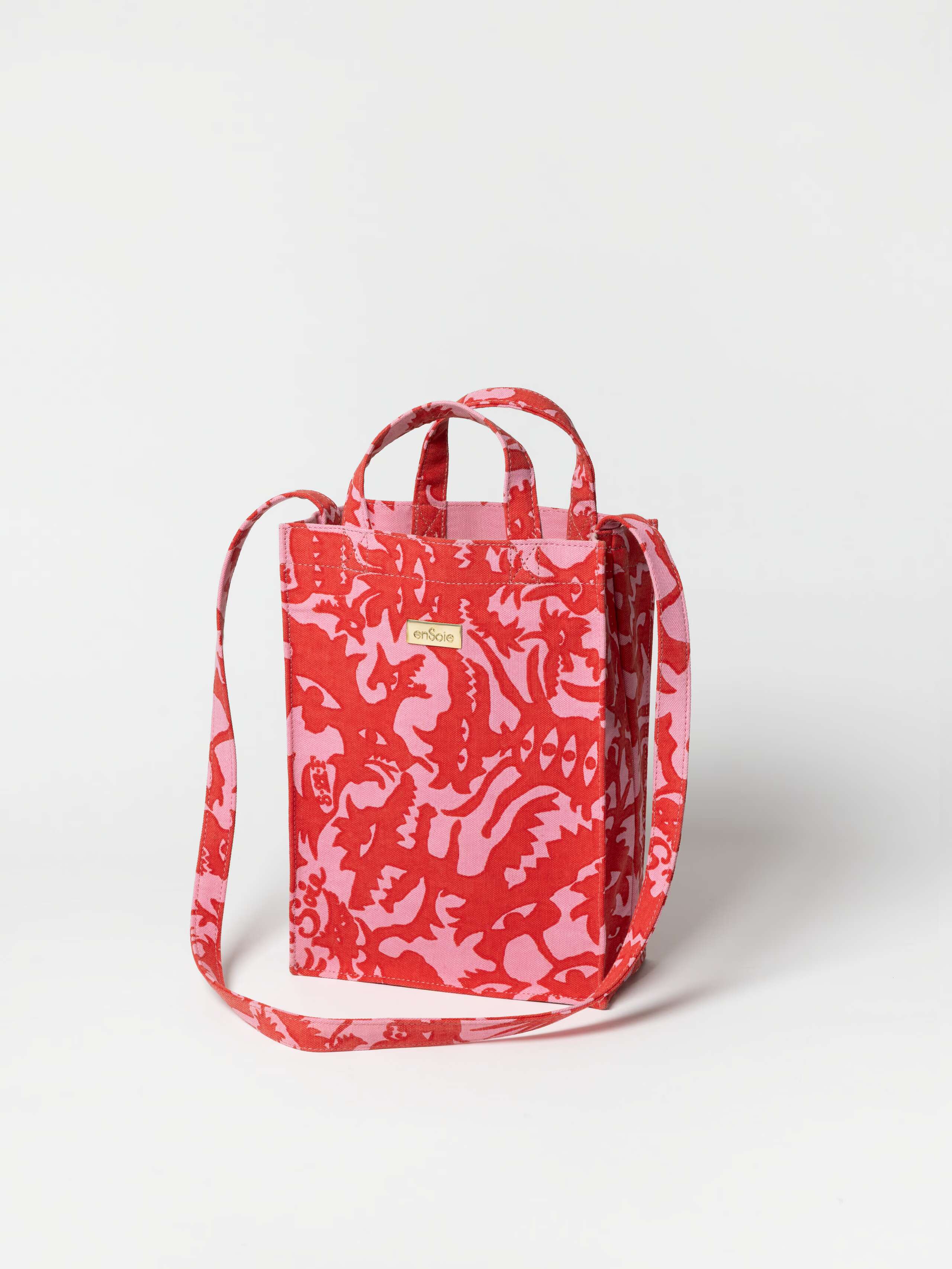 Product Shot of Small Monster Cabas in Pink & Red and strap 