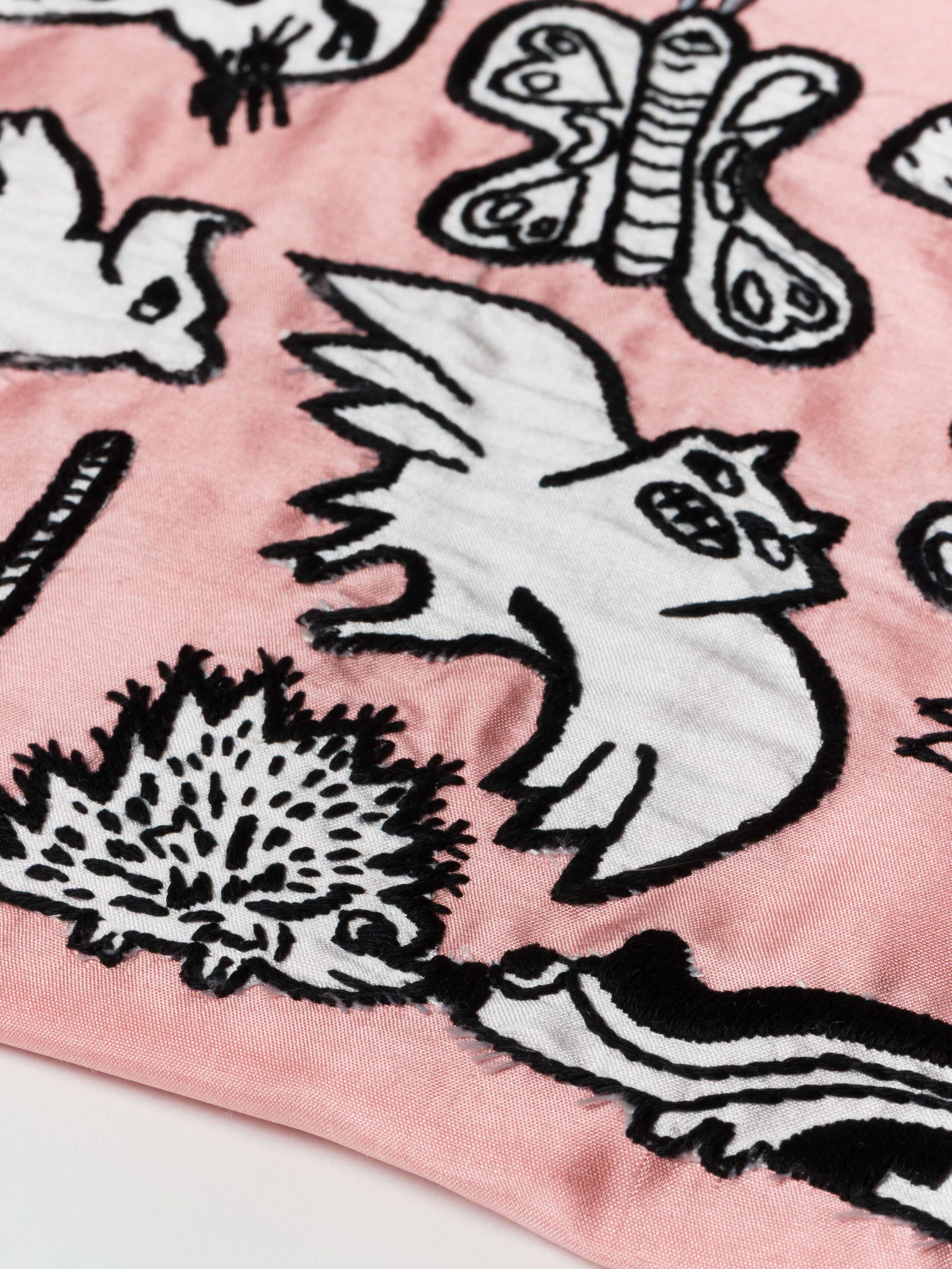 Detail Shot of embroidery for Spring Forest Pouch with Animals in Pink 