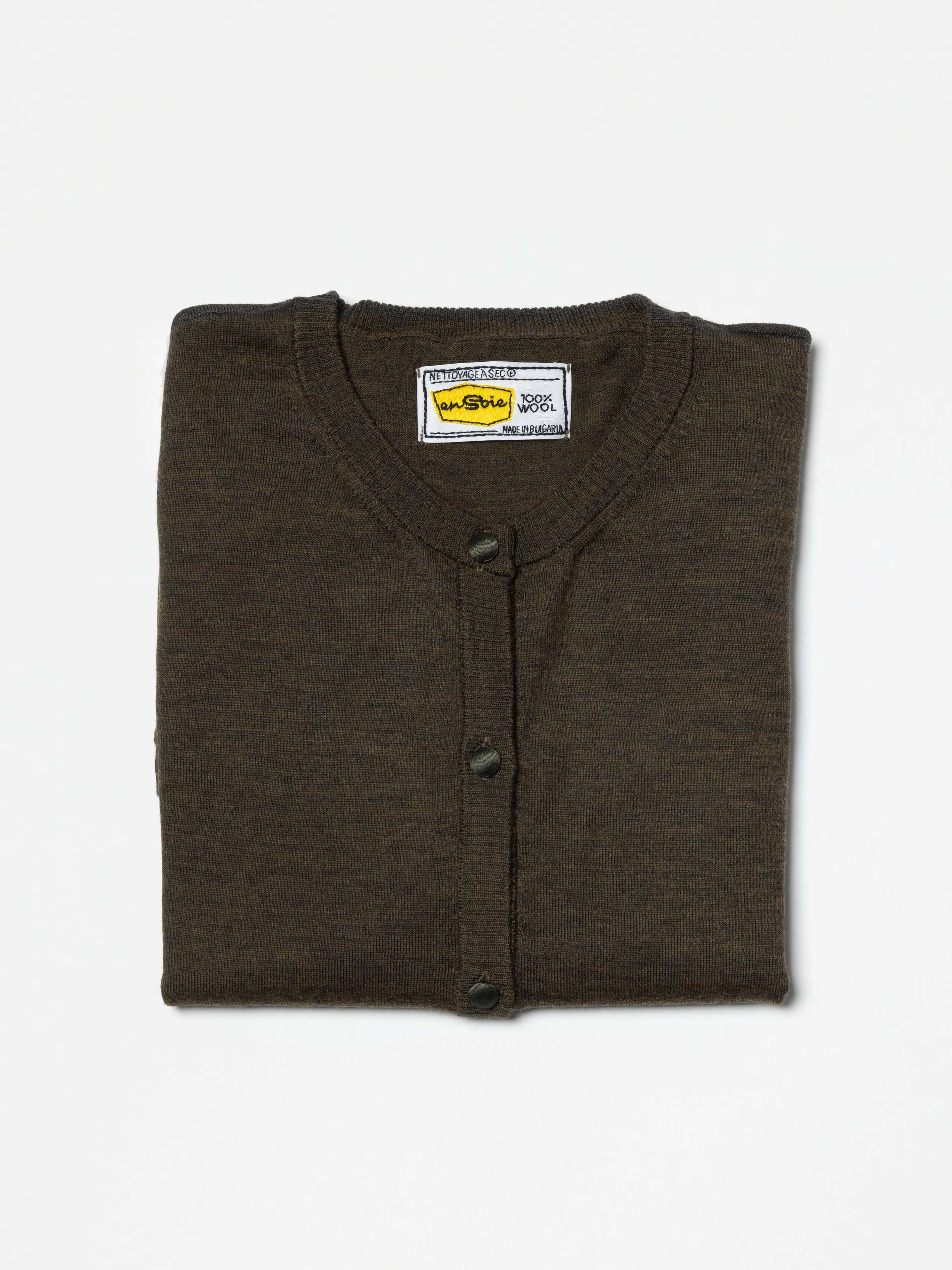 Product Shot of folded Bea cardigan in Khaki Green 