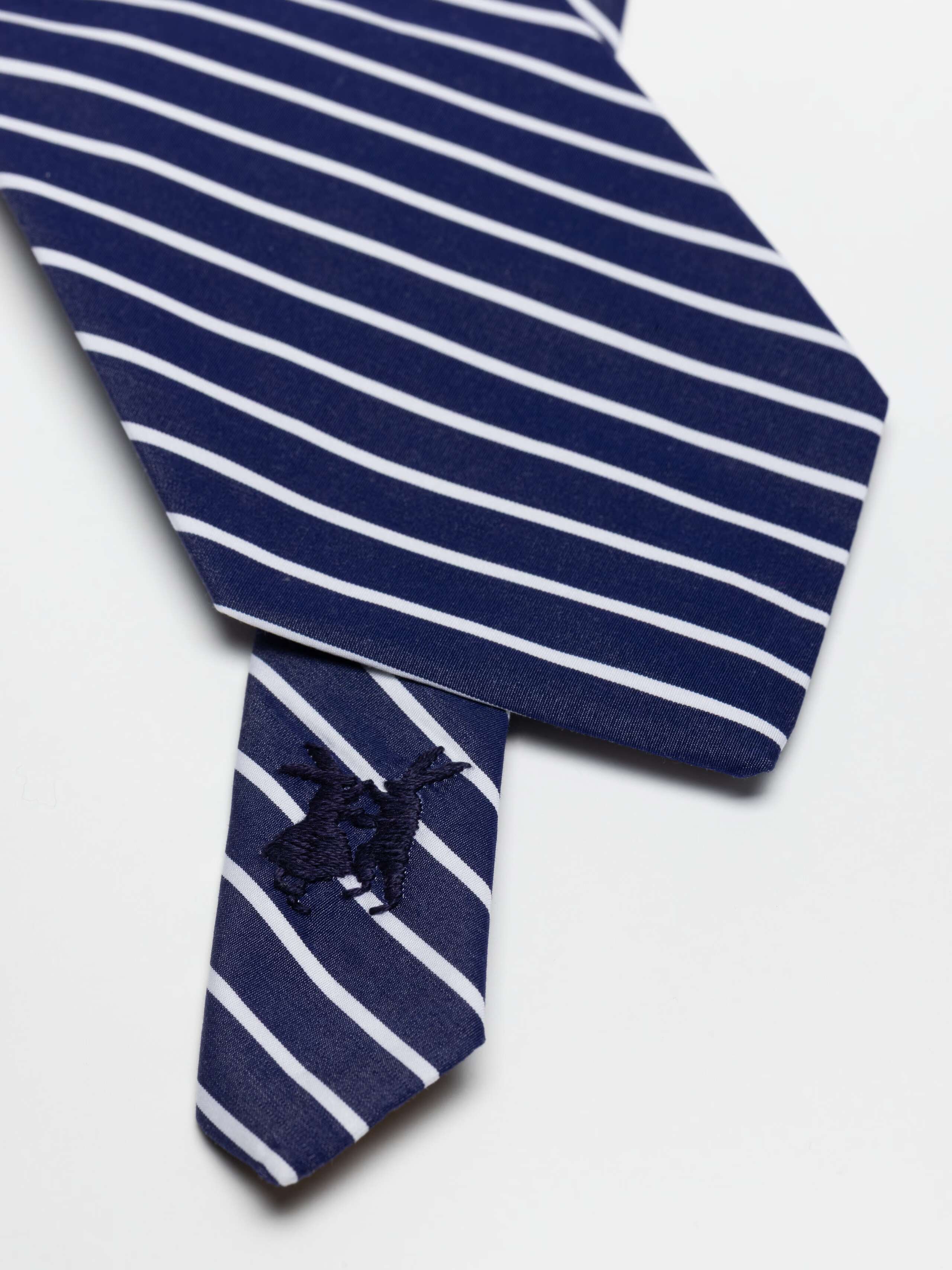 Detail Shot of cotton poplin Tie in Navy Stripe with embroidery 