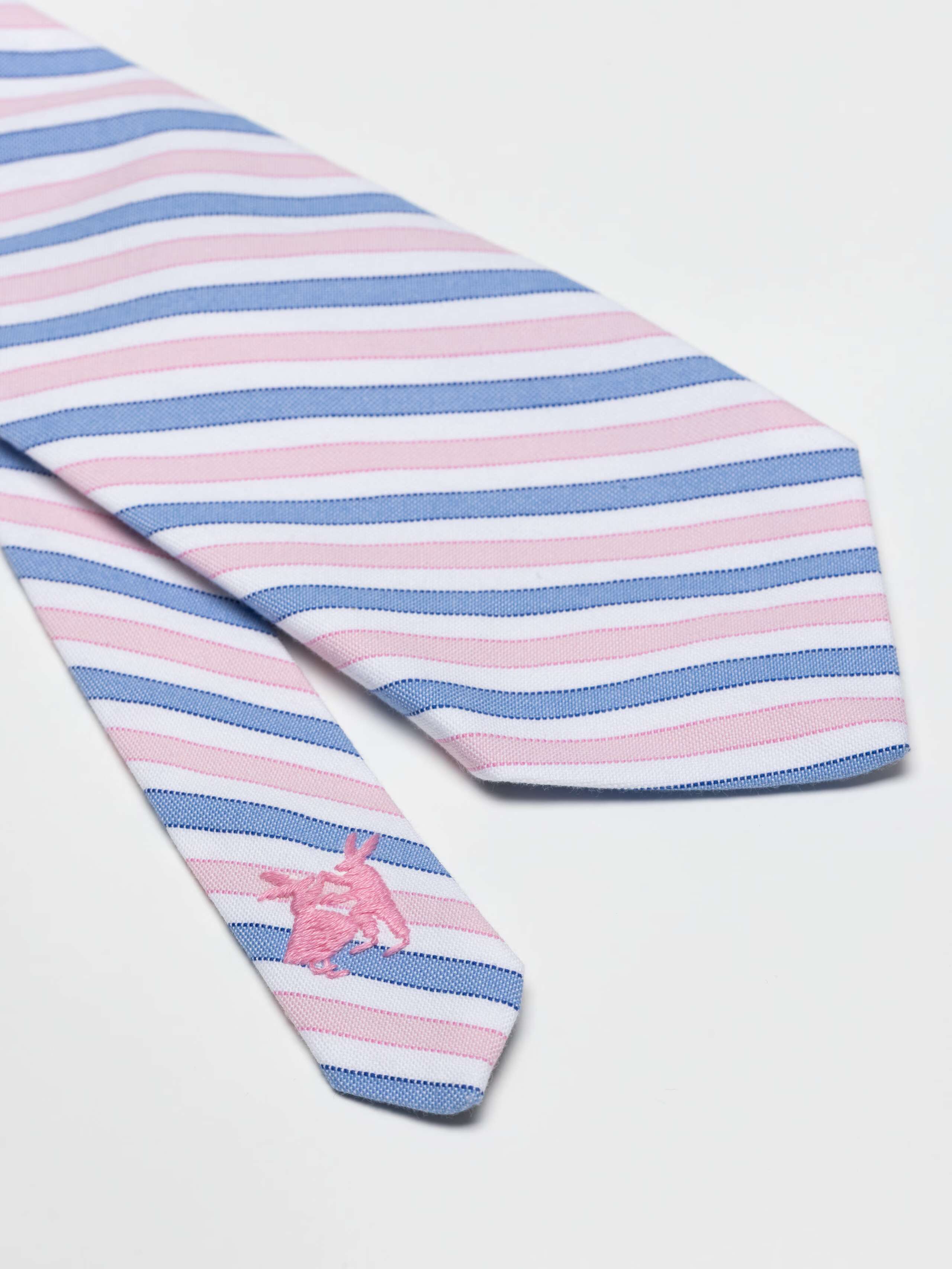Detail Shot of Oxford Stripe Tie in Pink with embroidery 