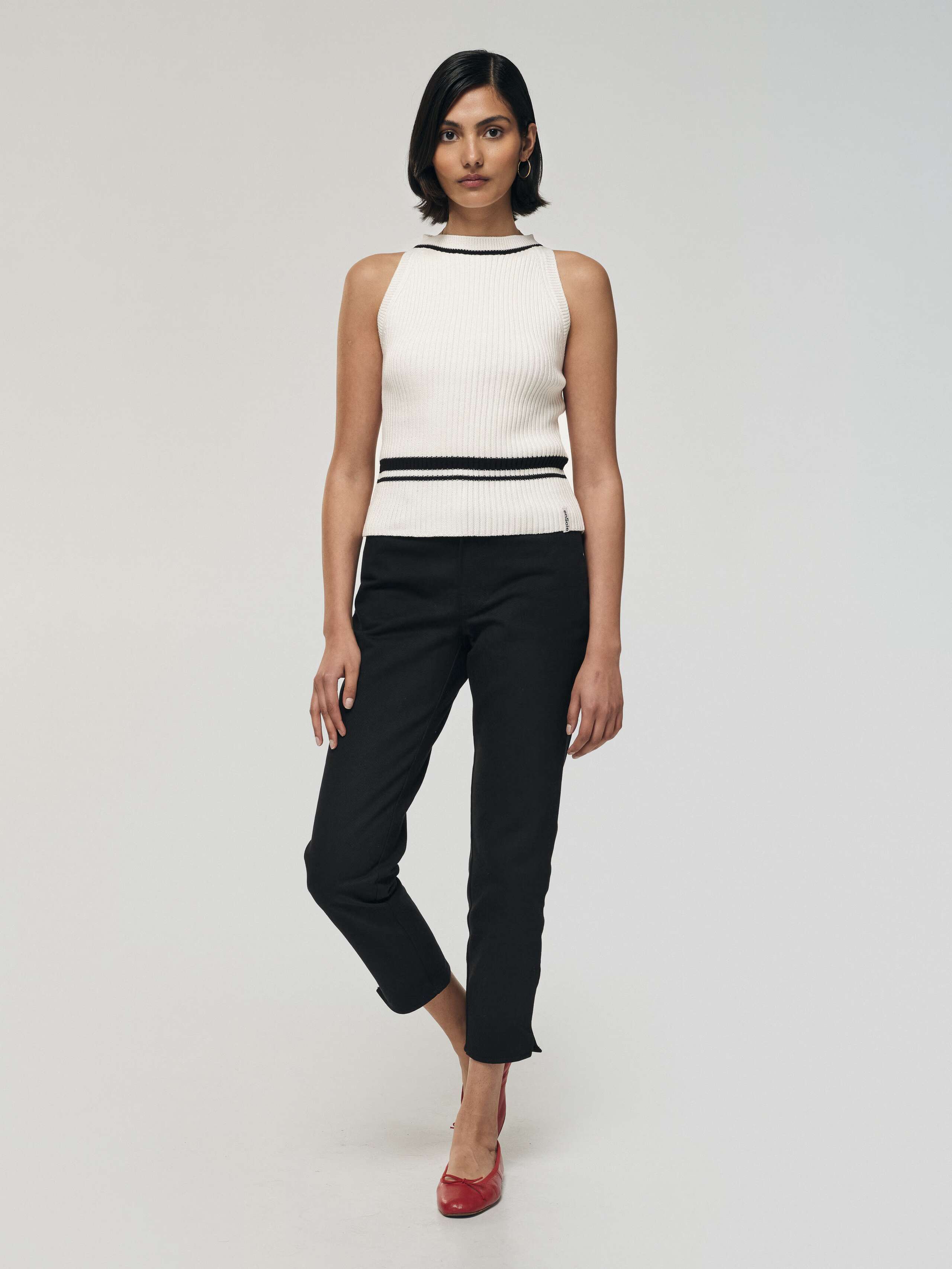Knit halter tank in white with black detail
