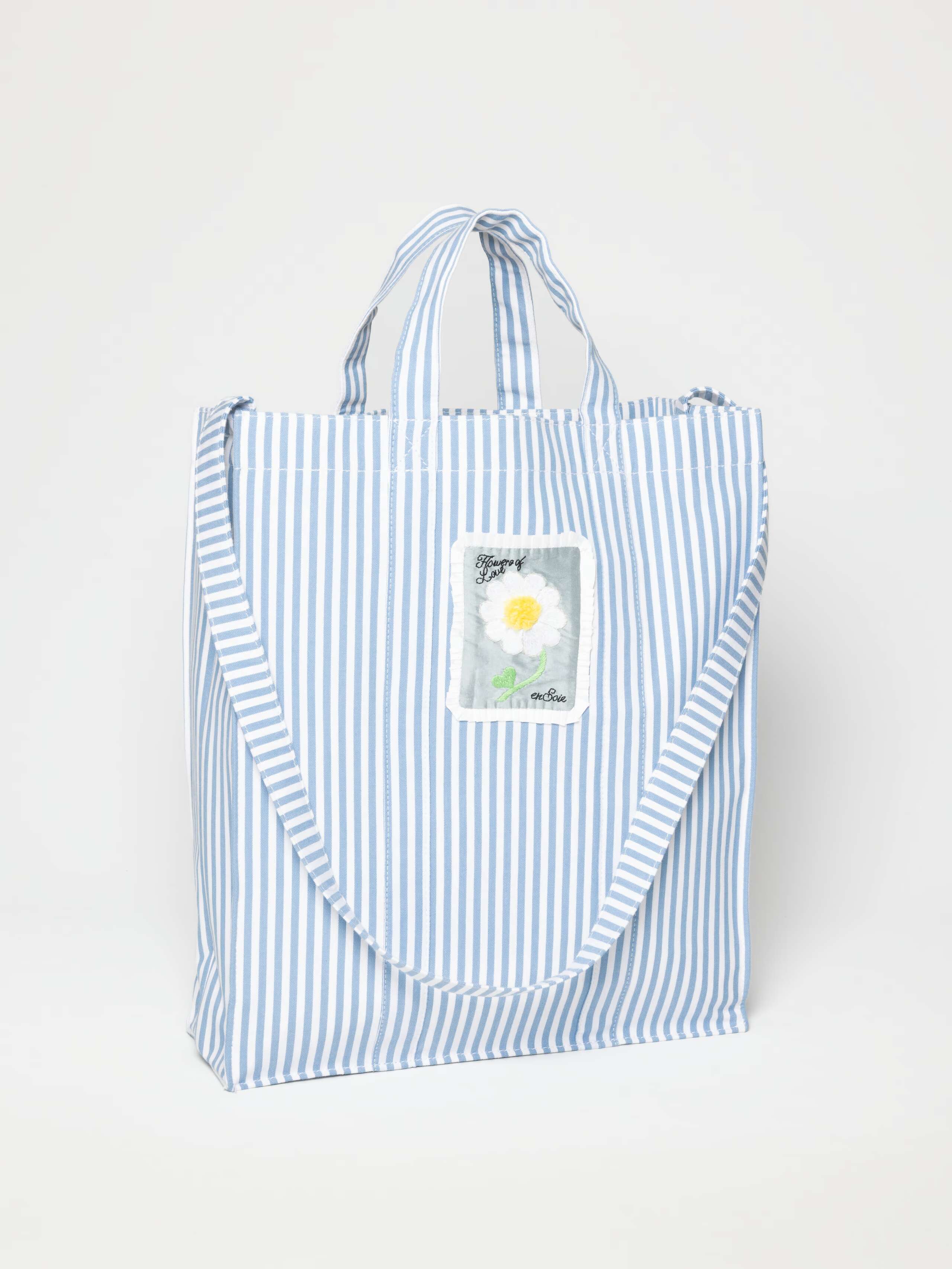 Product Shot of Cabas Bag Striped in Cerulean Blue with Mothers Day Label