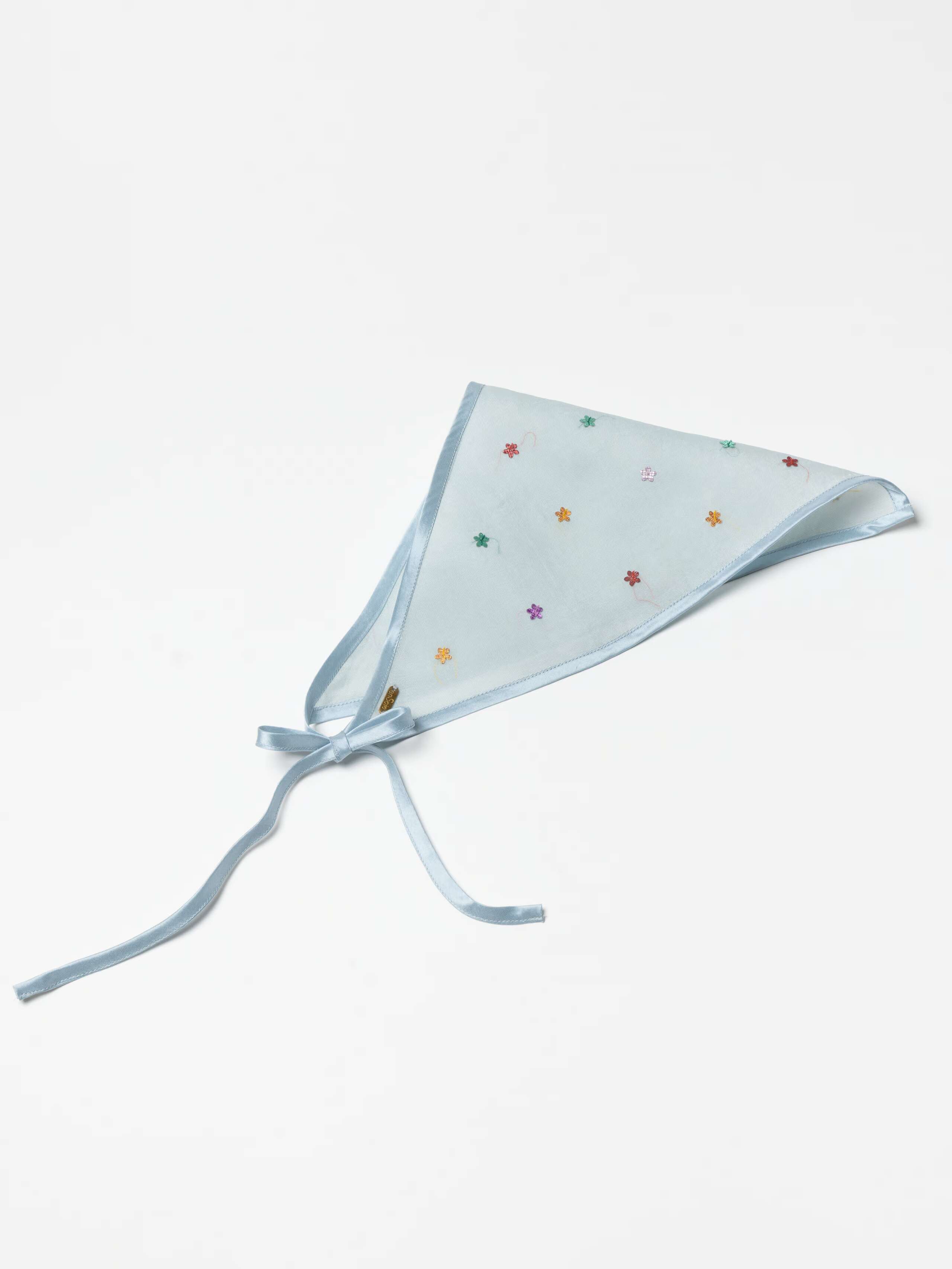 Product Shot of Embellished Triangle Headscarf in Light Blue tied together 