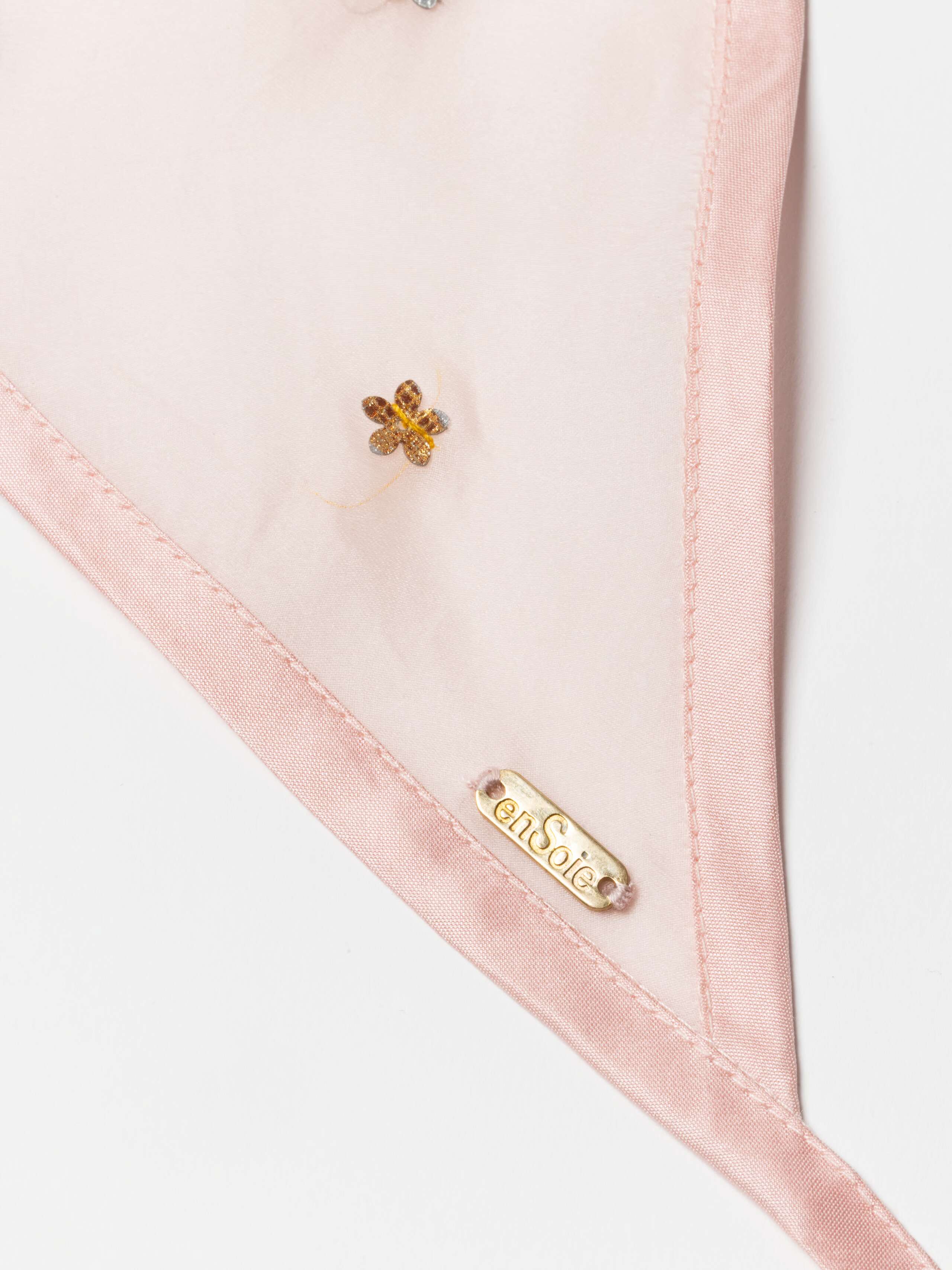 Detail of Messing enSoie tag on Pink Organza Triangle Headscarf