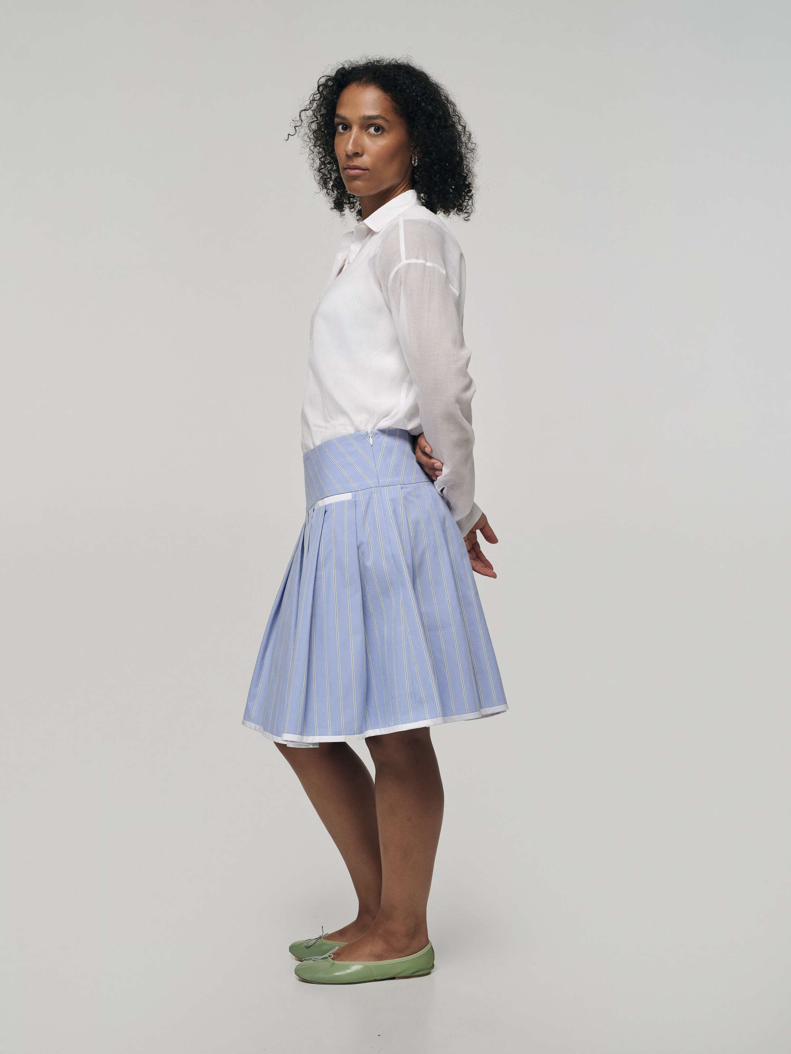 Side Shot of Pine Skirt in Oxford Stripes in Lt. Blue