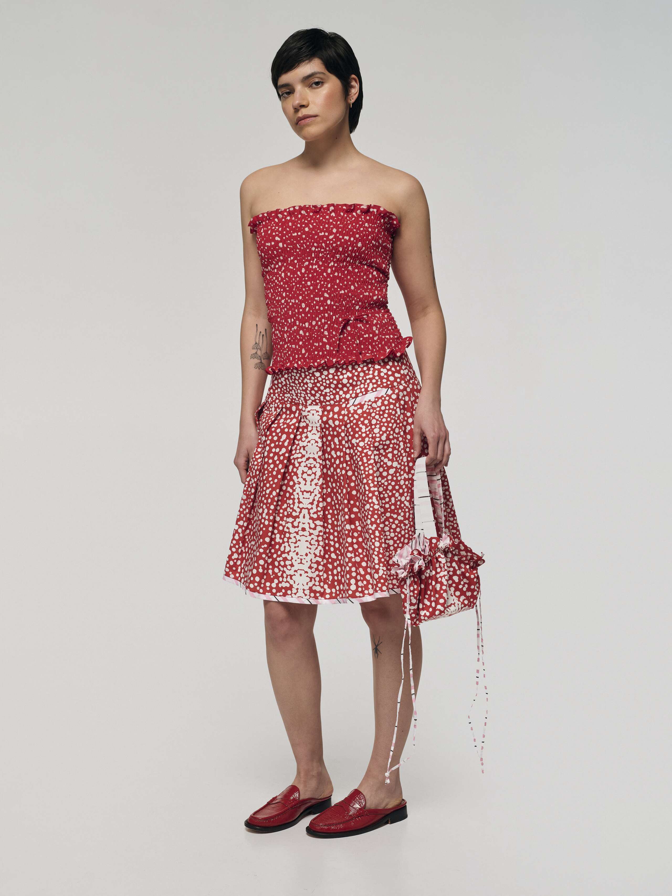 Front Shot of Pine Skirt in Red Dot Print 