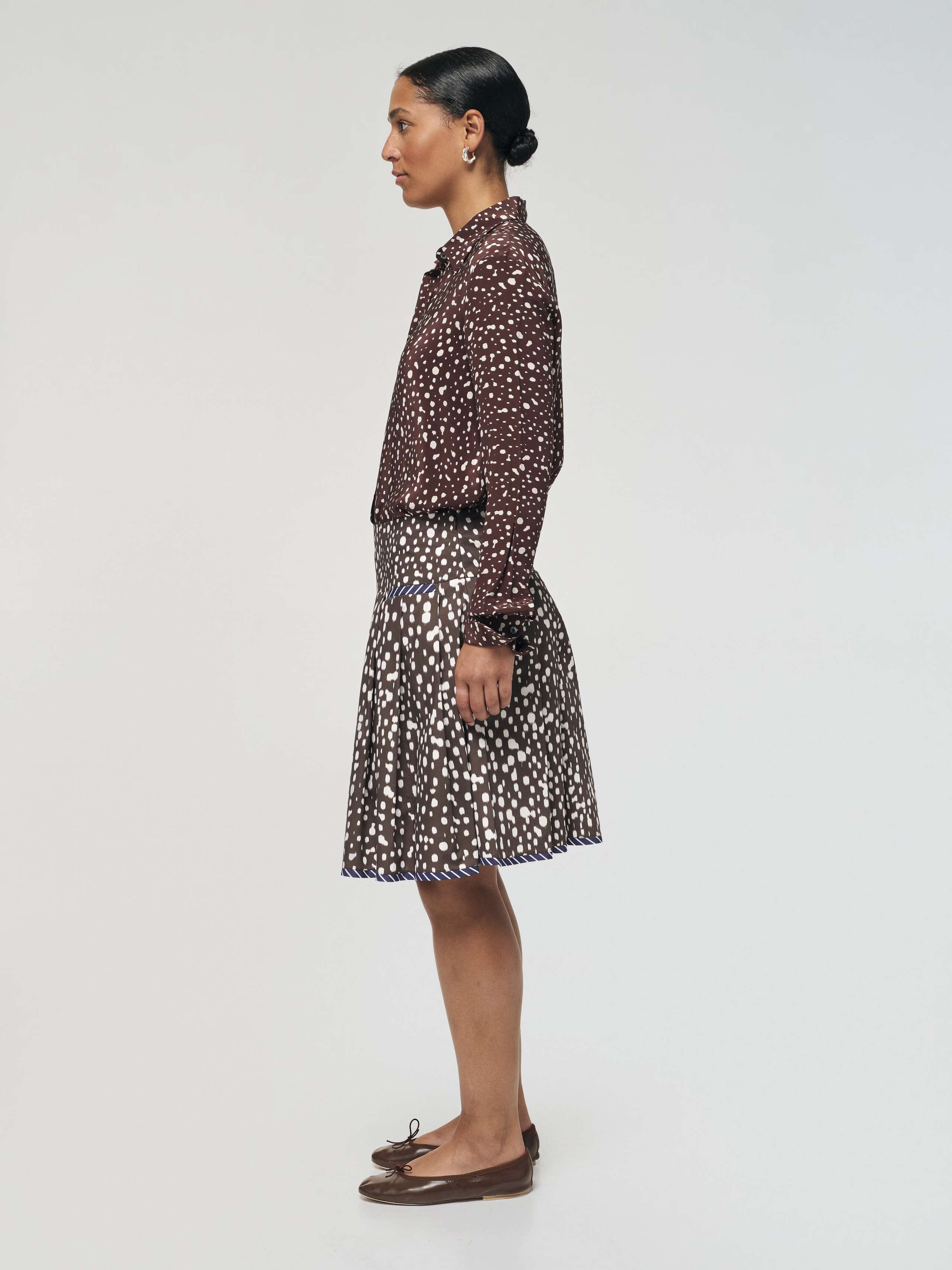 Front Shot of Pine Skirt in Bambi Dot Print 