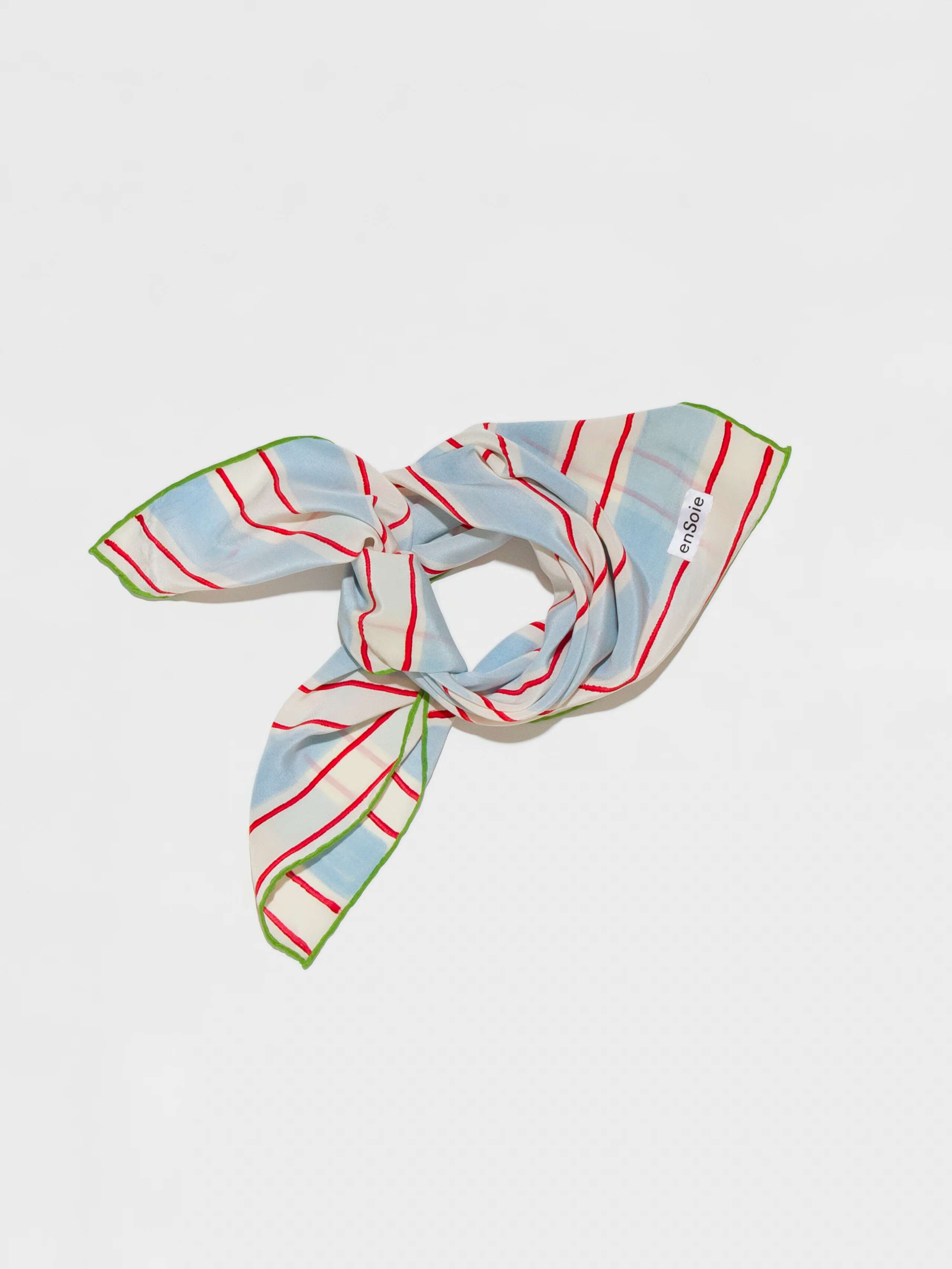 Product Shot of Handpainted Stripes Foulard in light blue tied together 