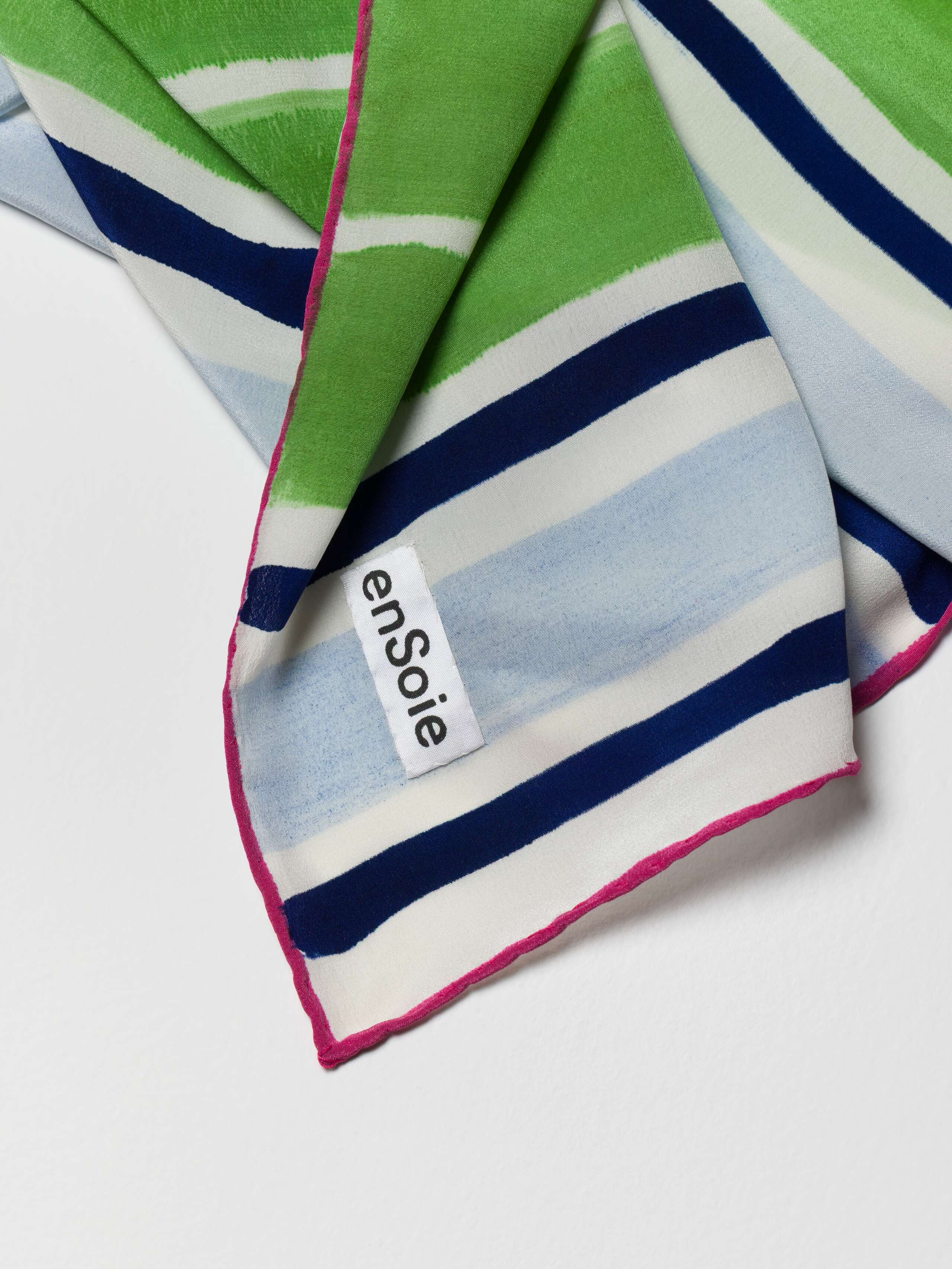 detail Shot of label for Handpainted Stripes Foulard in green 