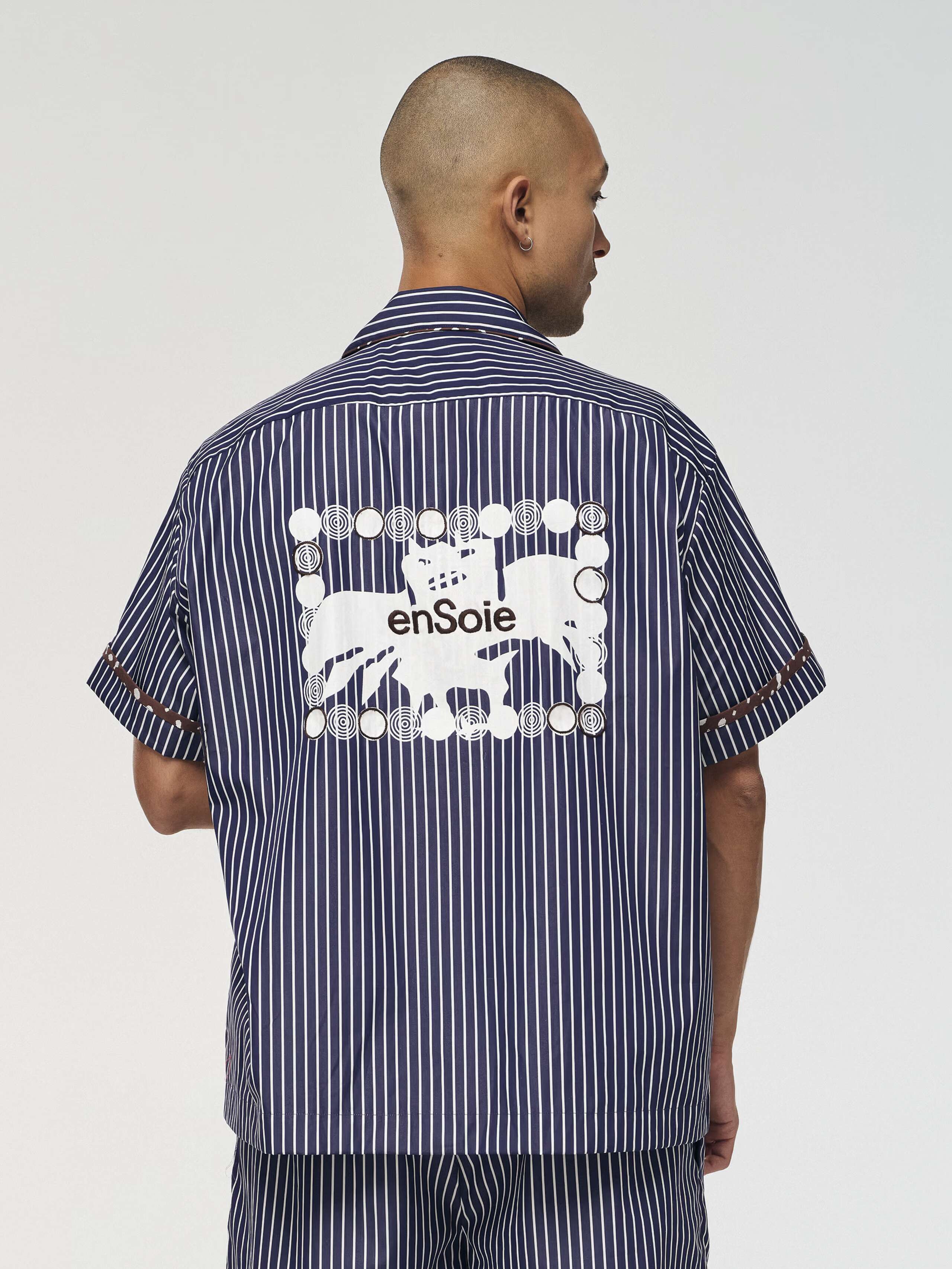 Tanner shirt in navy stripes, hand printed detail on back