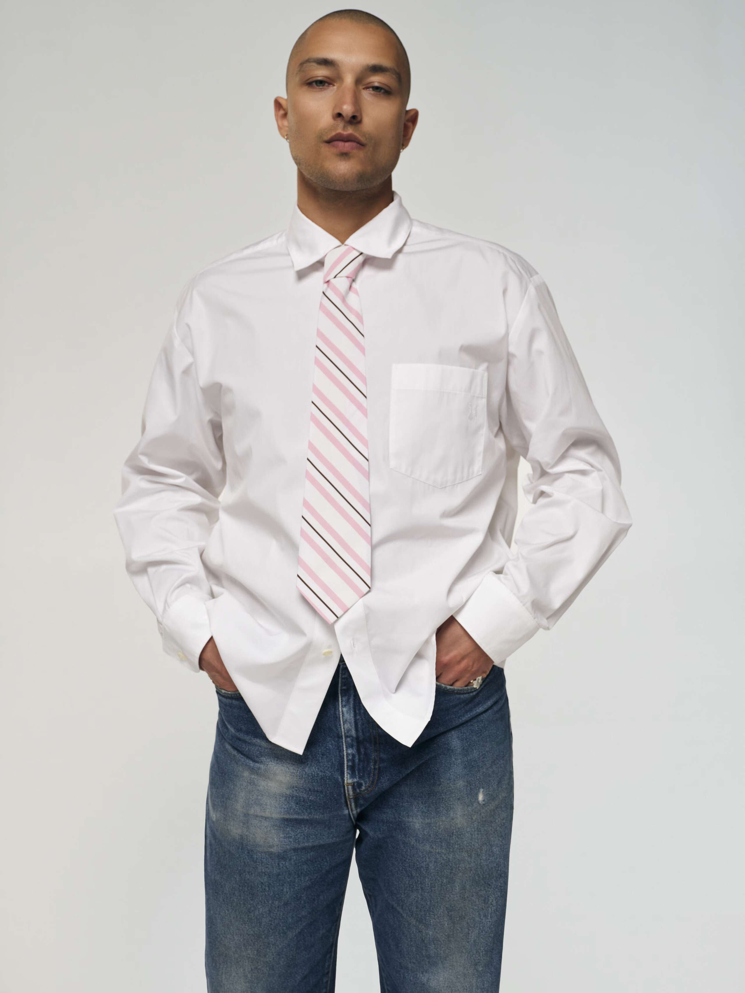 Product Shot of poplin Tie in rose stripe print 