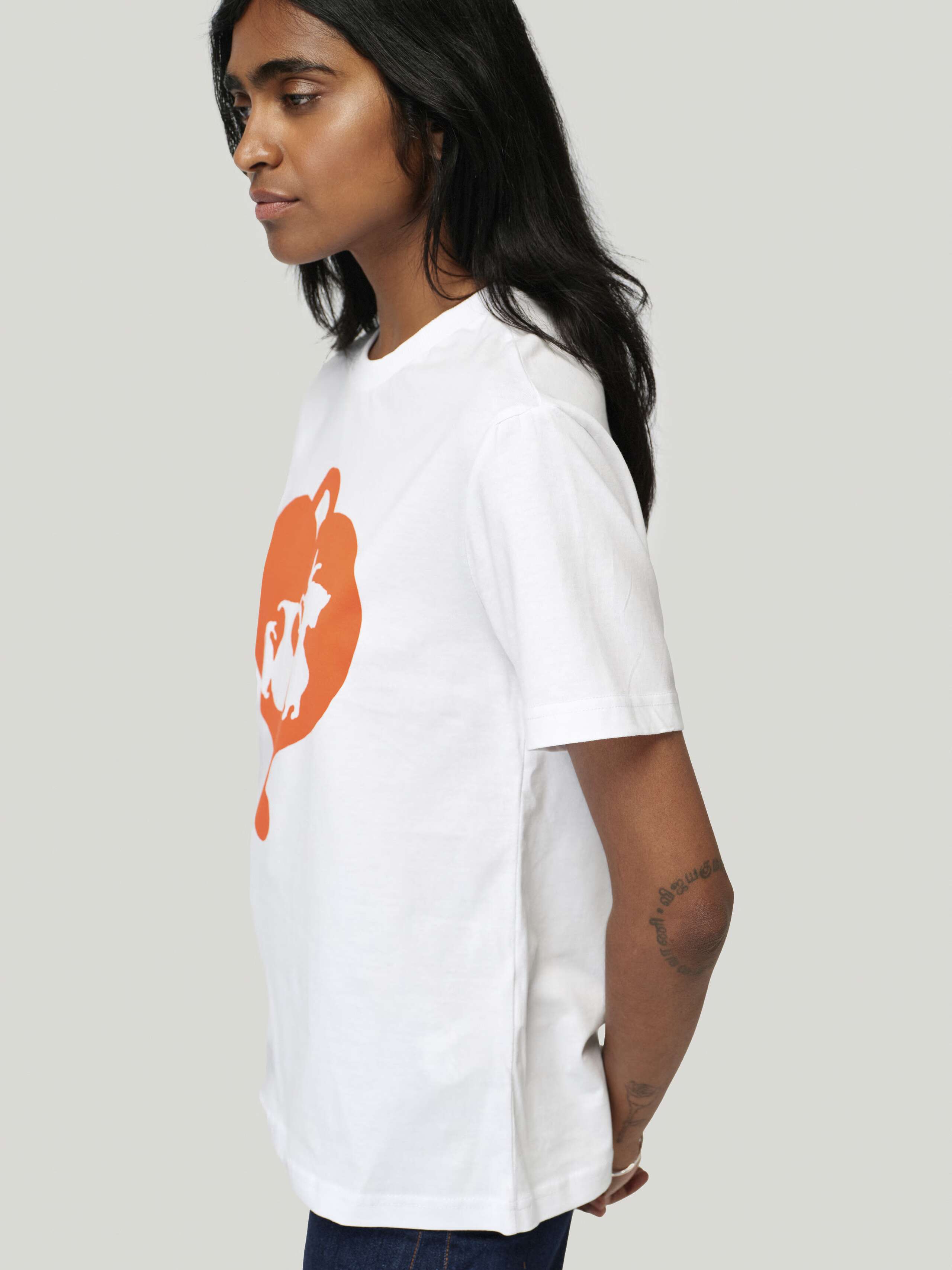 Side Shot of APOH TShirt in White with Red Print