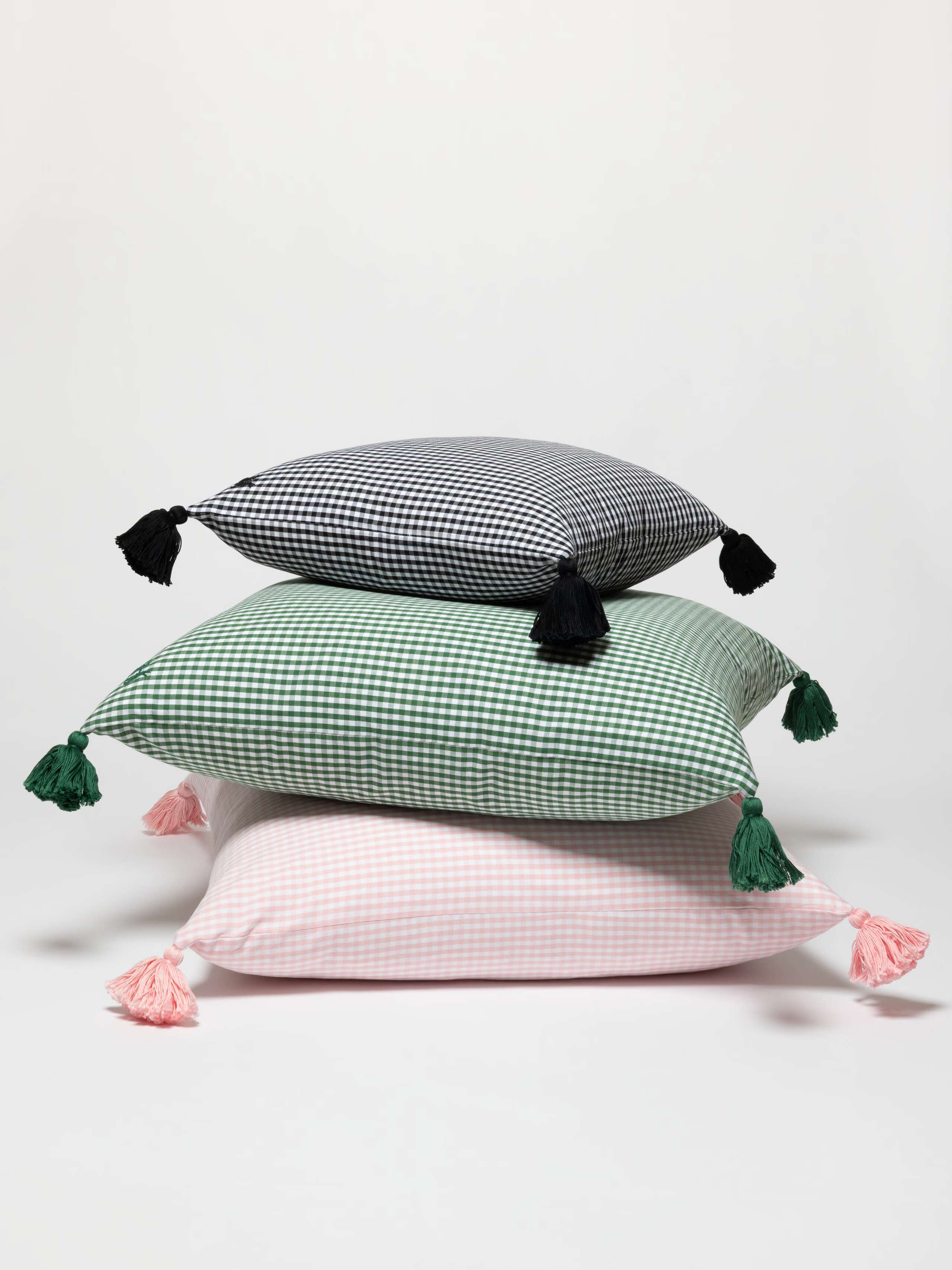 Product Shot of Mila Pillow in Candy Pink, Linden Green, Black in S & L
