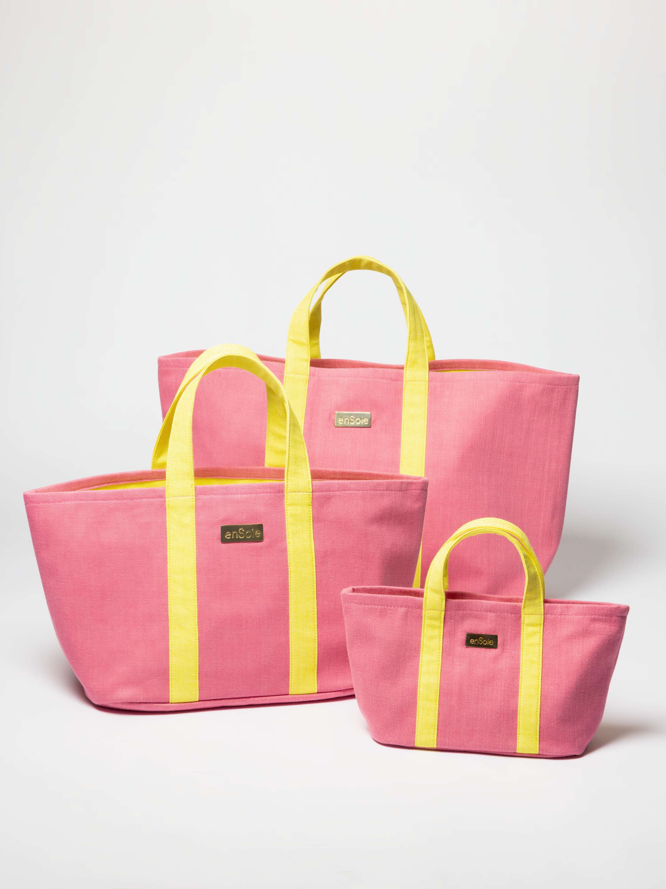 Upstate bag in lipgloss pink with citrus yellow handles, three sizes