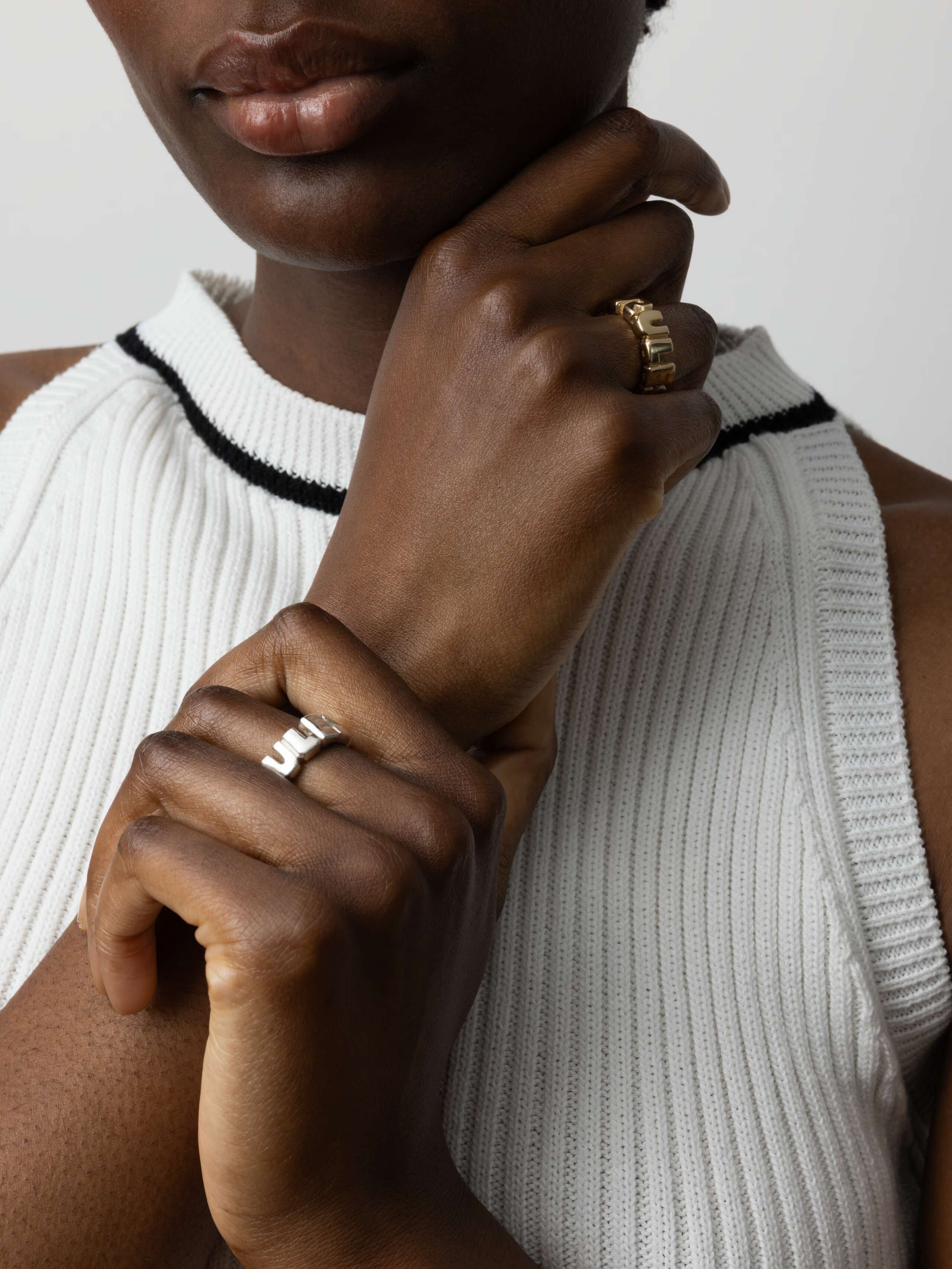 Product Shot of LRF Ring in Gold on Model