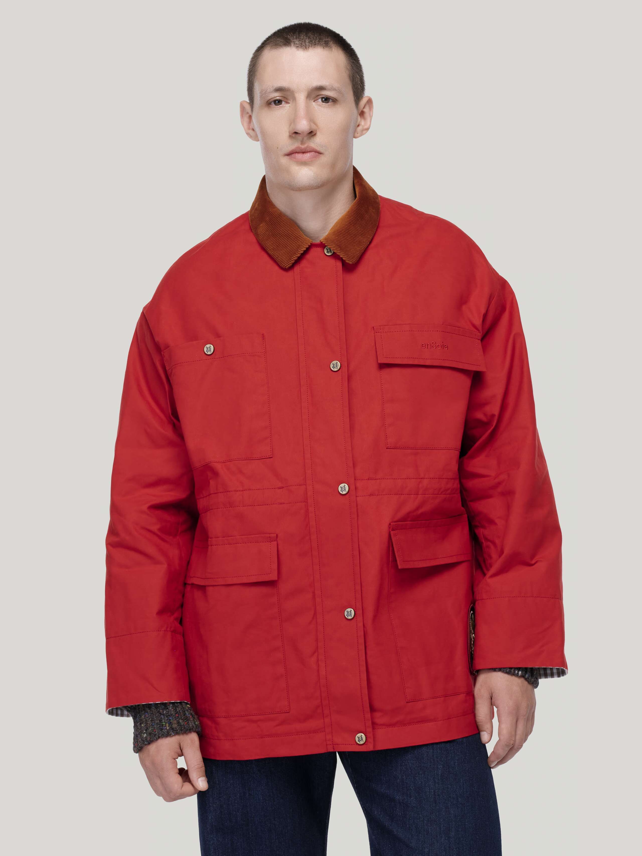 Hugo waxed cotton jacket in scarlet red worn by male model