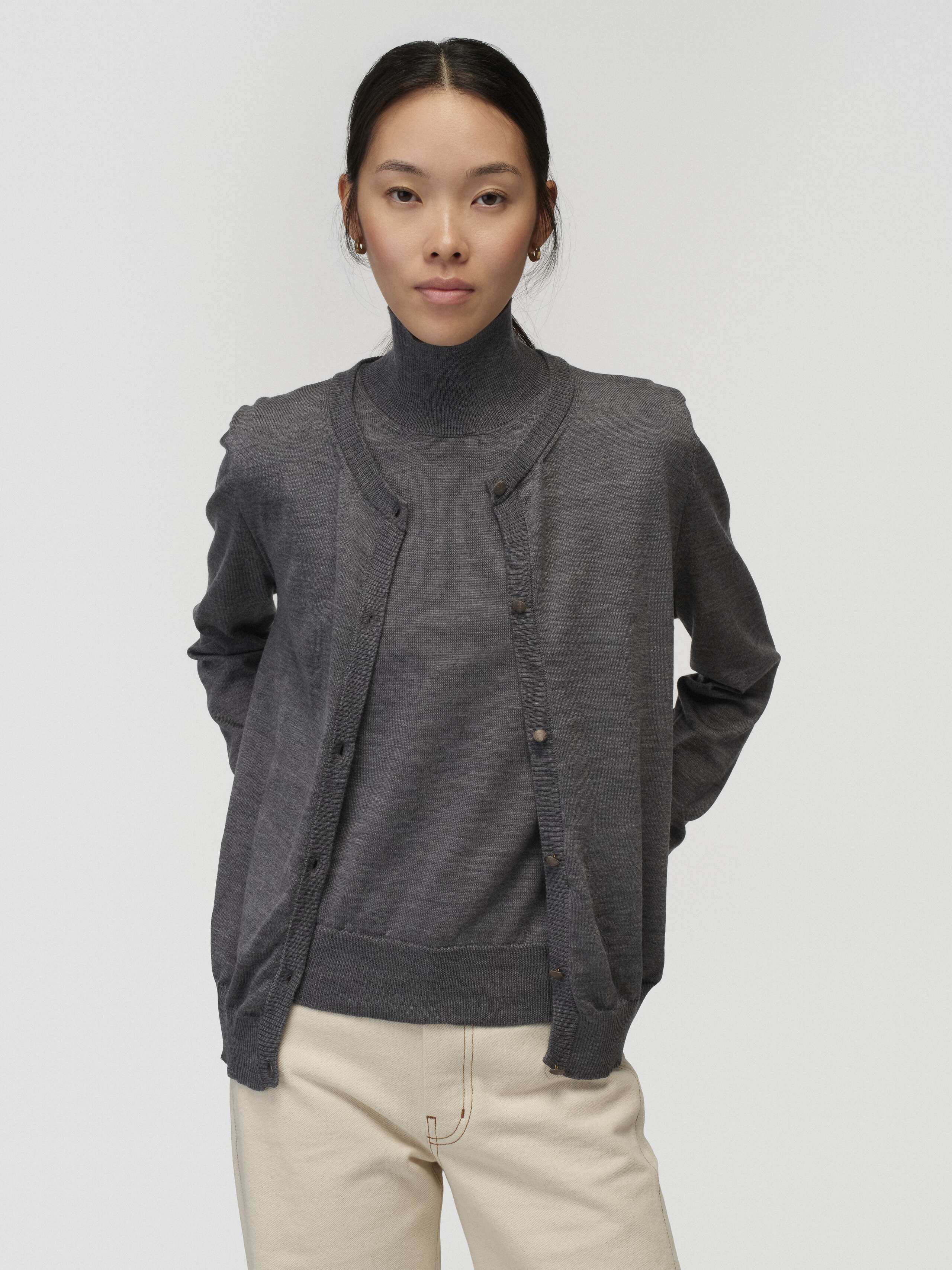 Model Wearing Bea Cardigan in Stone Grey