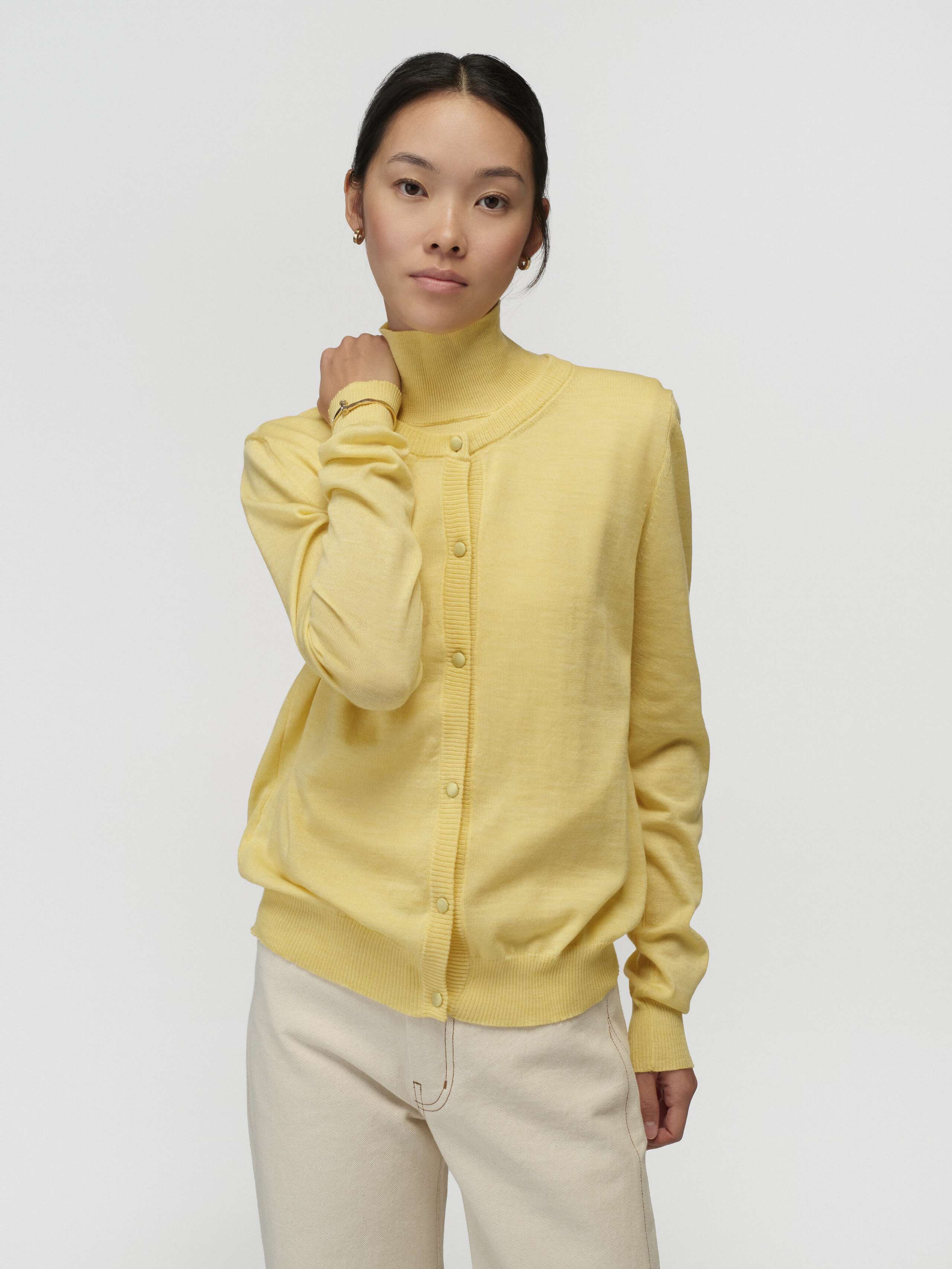 Model Wearing Bea Cardigan in Soft Yellow 