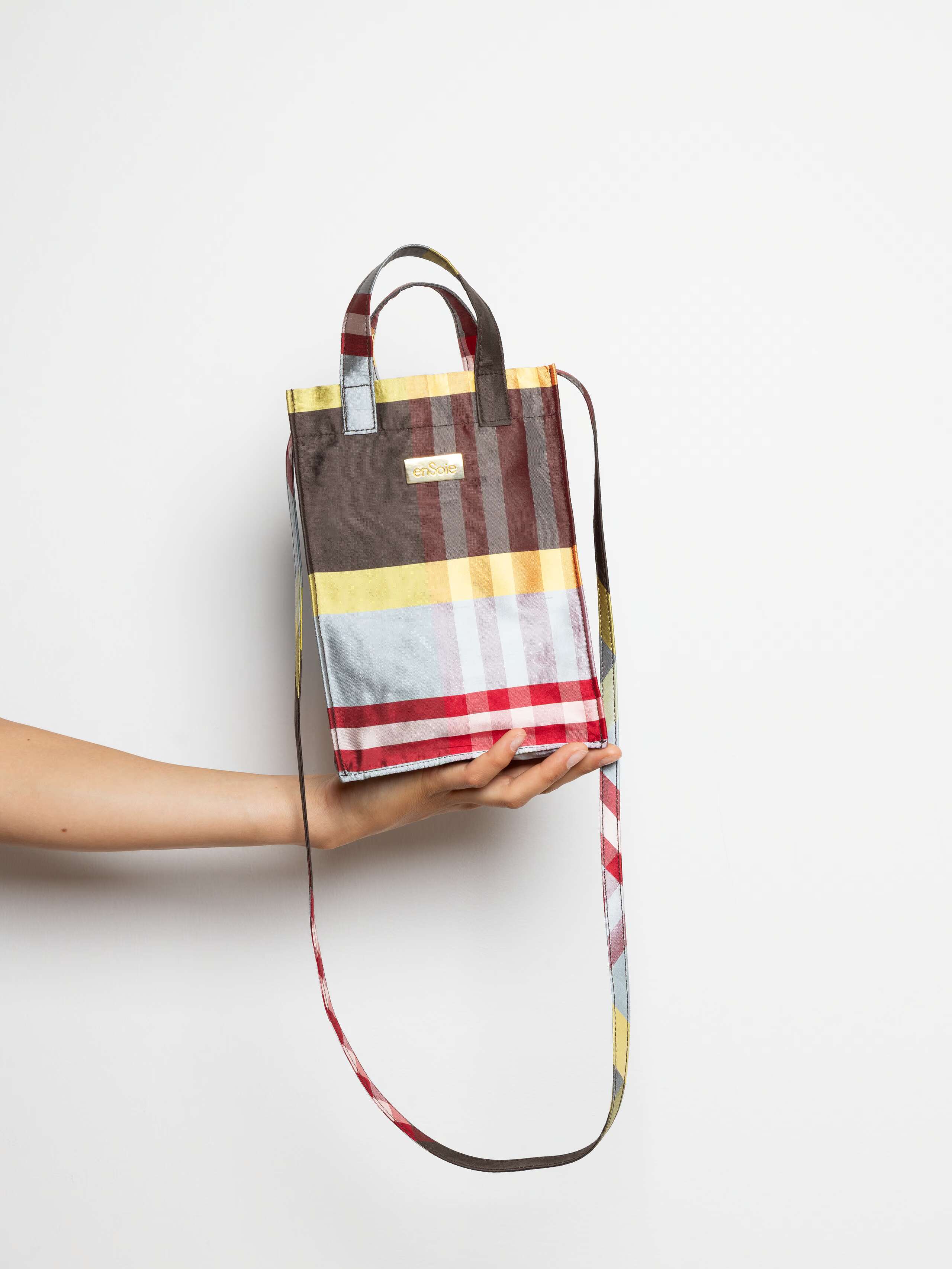 Cabas micro bag in doupion silk, rosefinch check