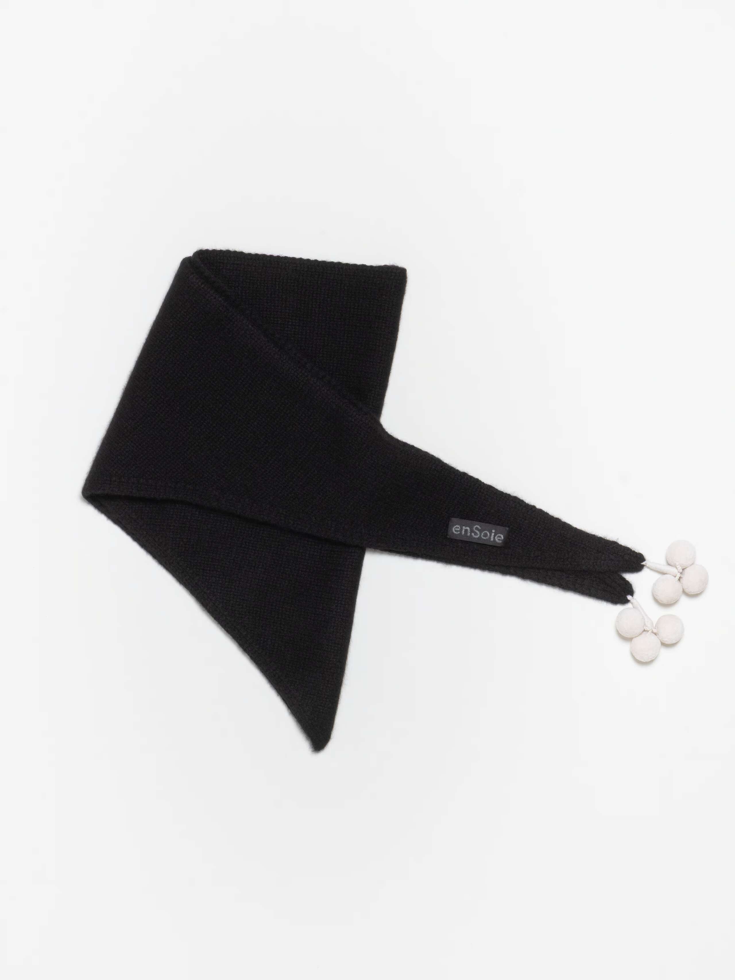 Lula triangle scarf in black with white pompons