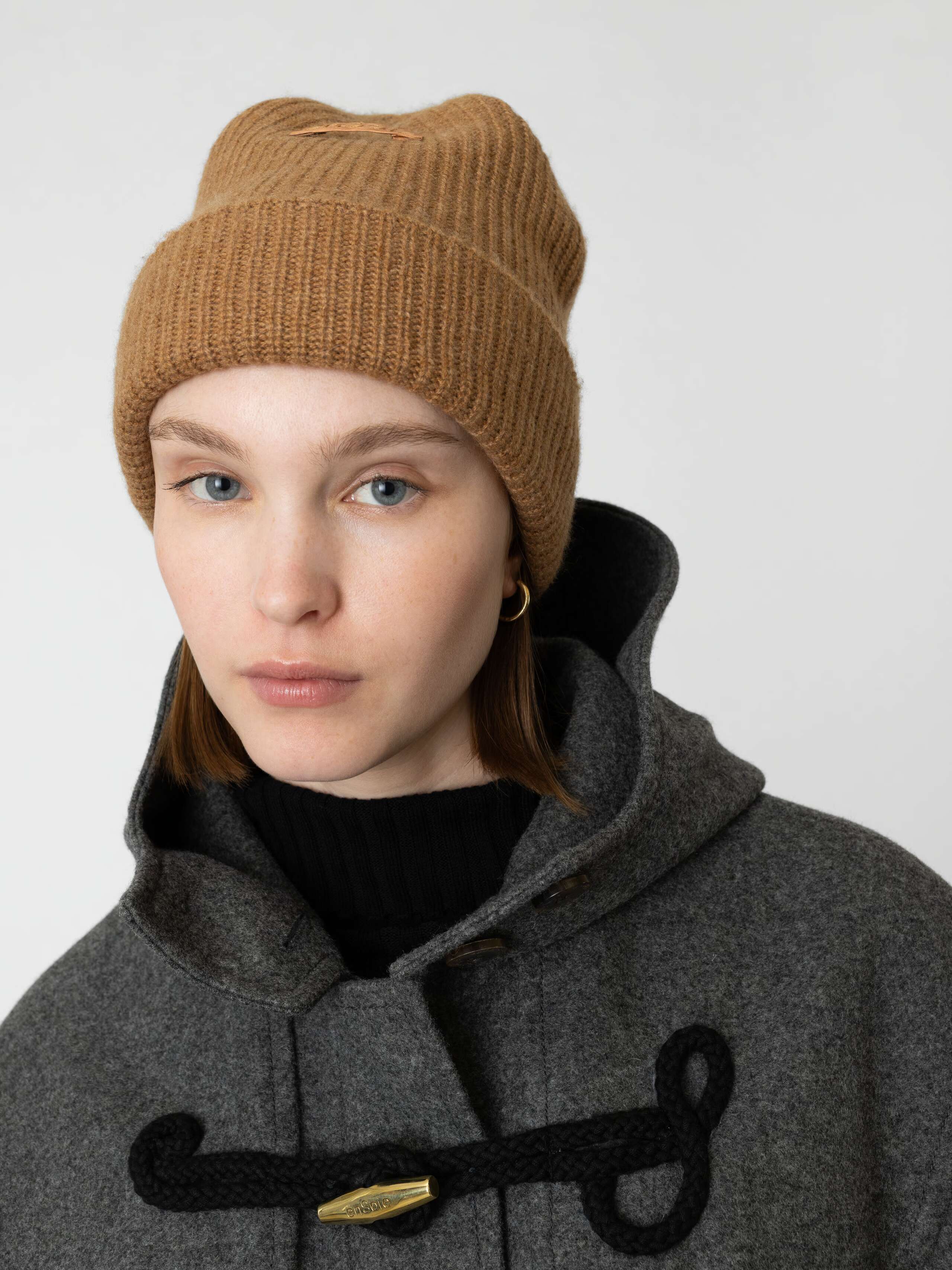 Model Wearing Bree Beanie in Caramel