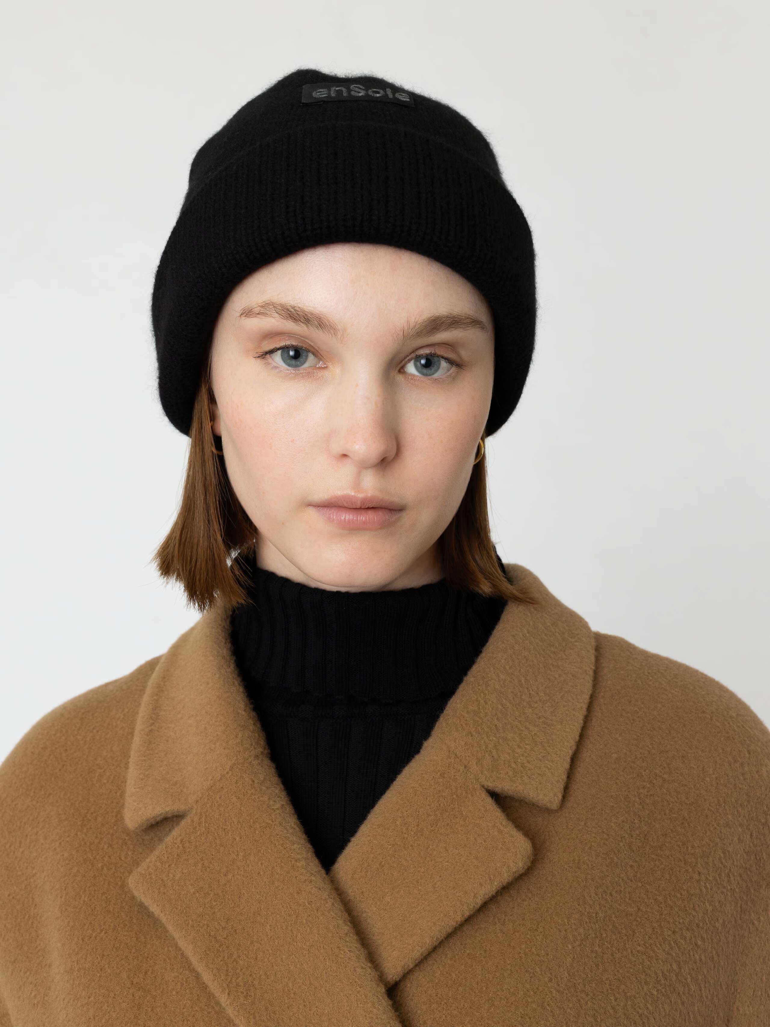 Model Wearing Sevi Beanie in Black