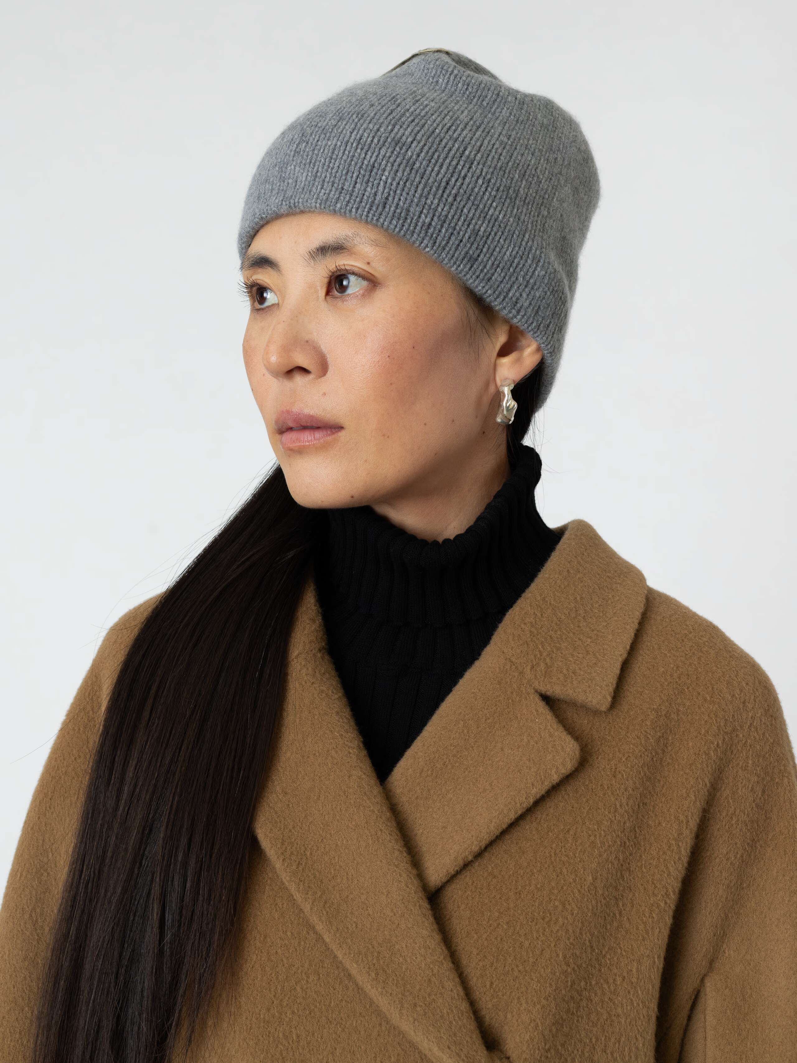 Model Wearing Sevi Beanie in Grey