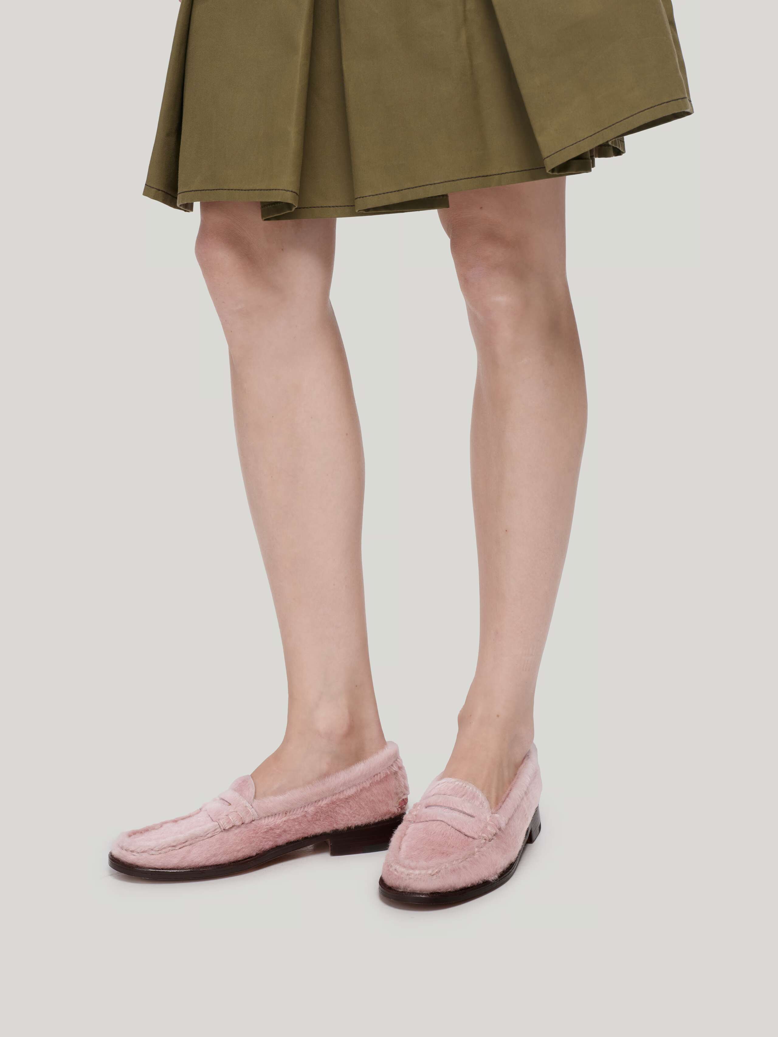 Model Wearing Guido Cowhide Loafers in Rose Fur 