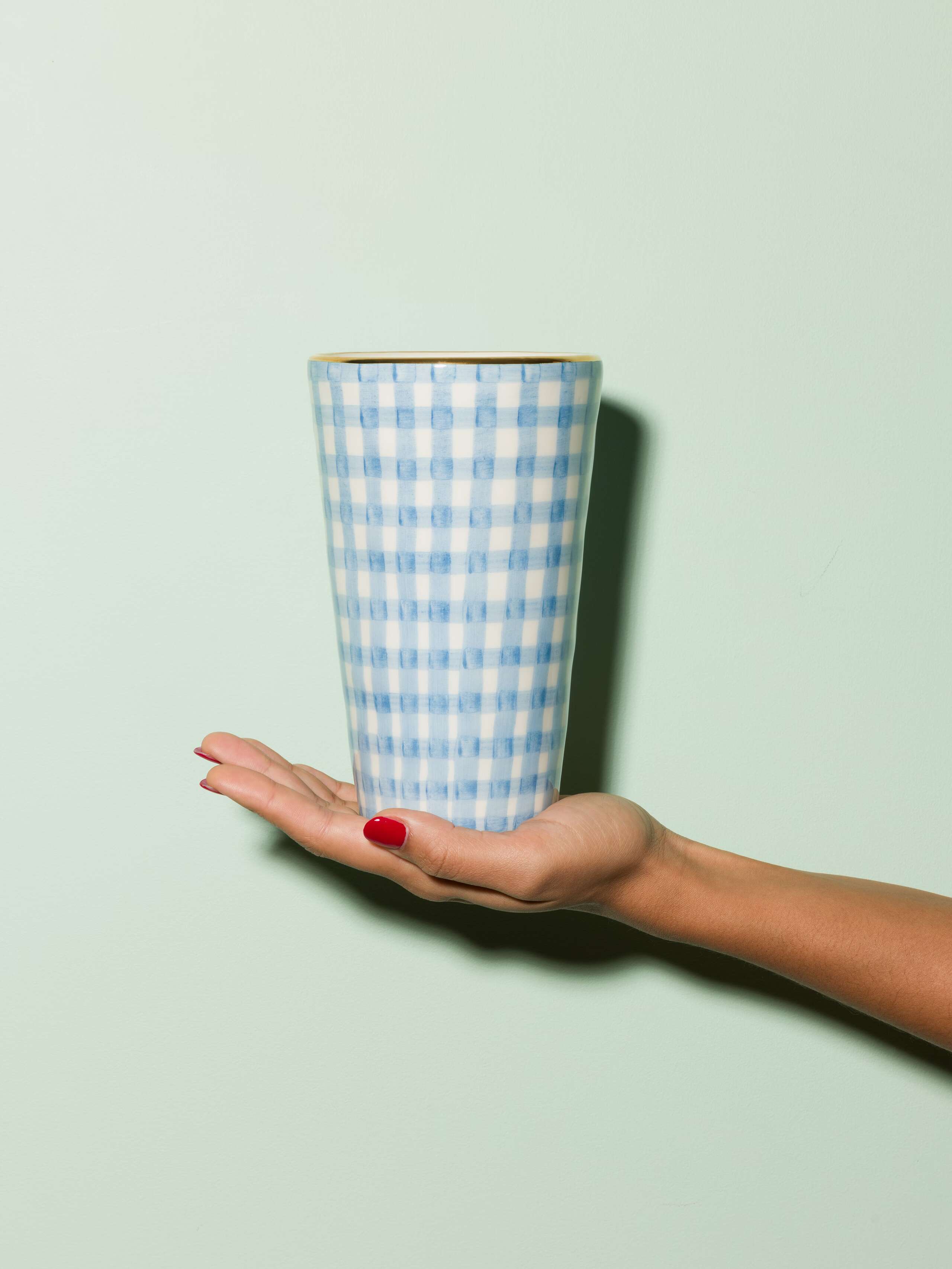 Picture of a small vase featuring a beautiful vichy check pattern in light blue