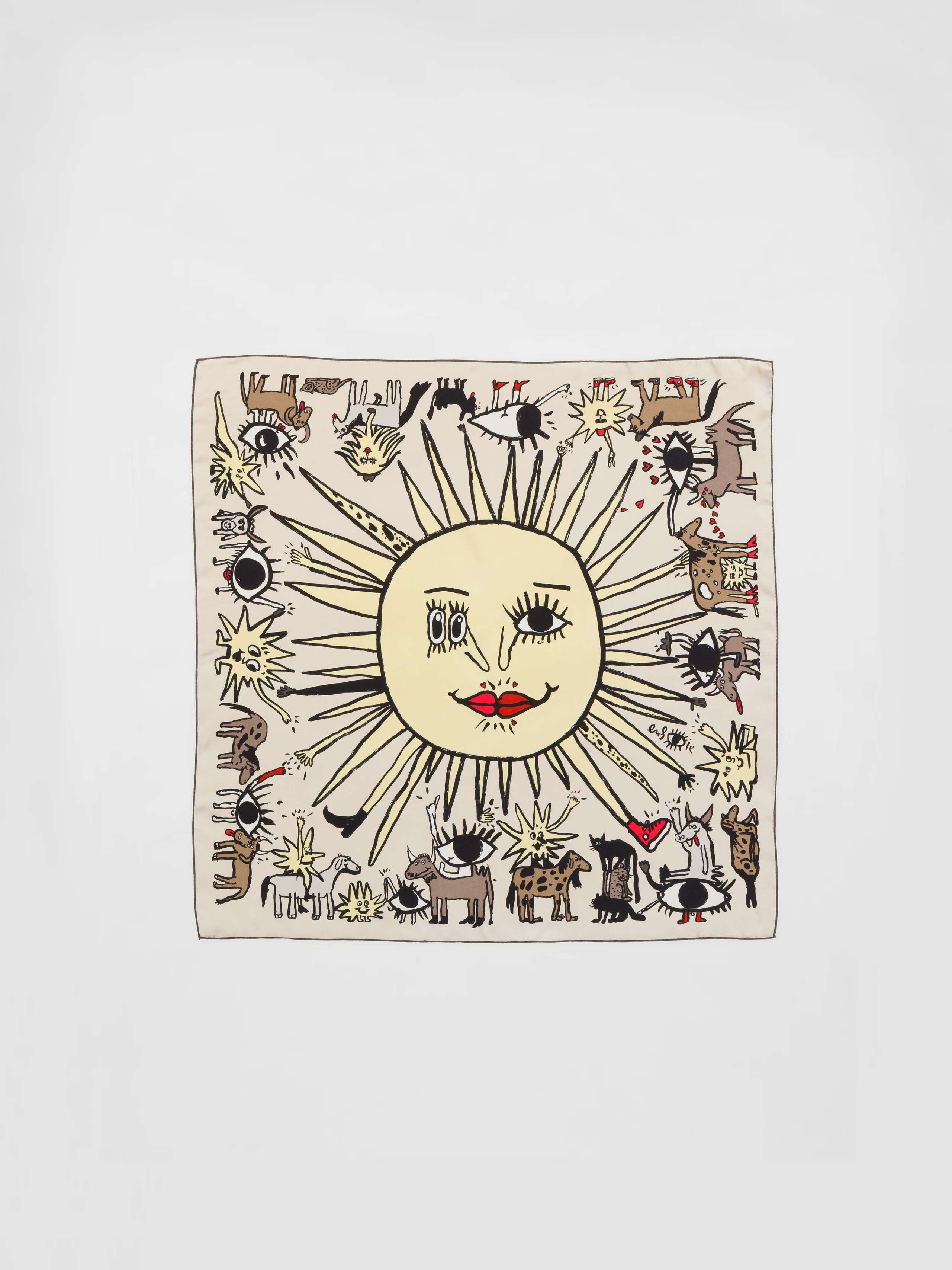 Picture of a beige silk foulard featuring a sun and lots of funny, colourful creatures 