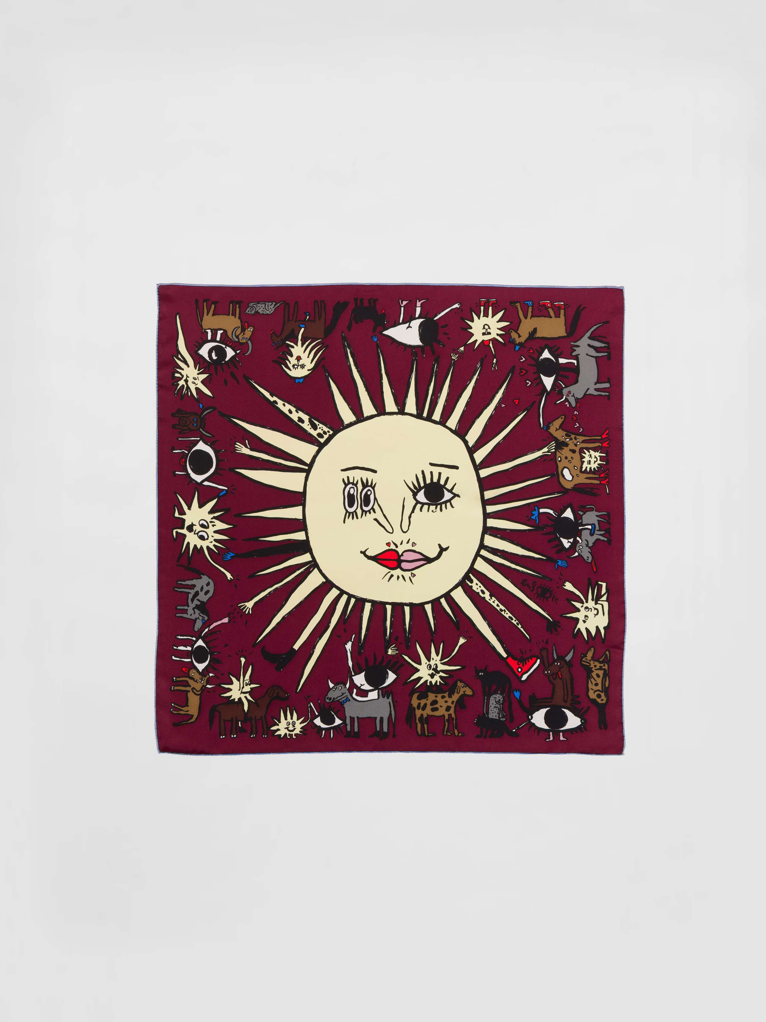 Picture of a burgundy silk foulard featuring a sun and lots of funny, colourful creatures 