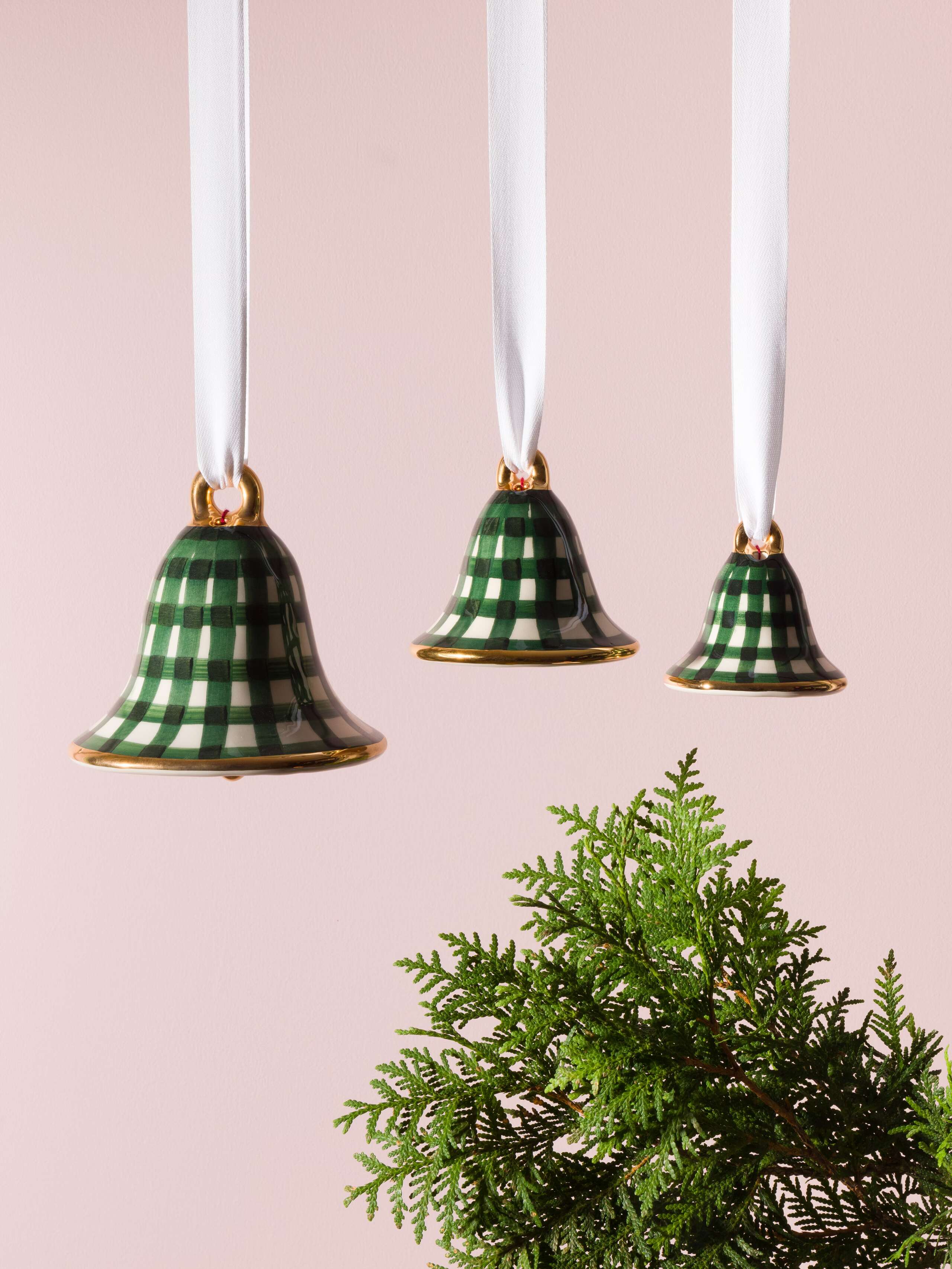 Picture of three bell christmas tree ornaments featuring a beautiful lilac check pattern