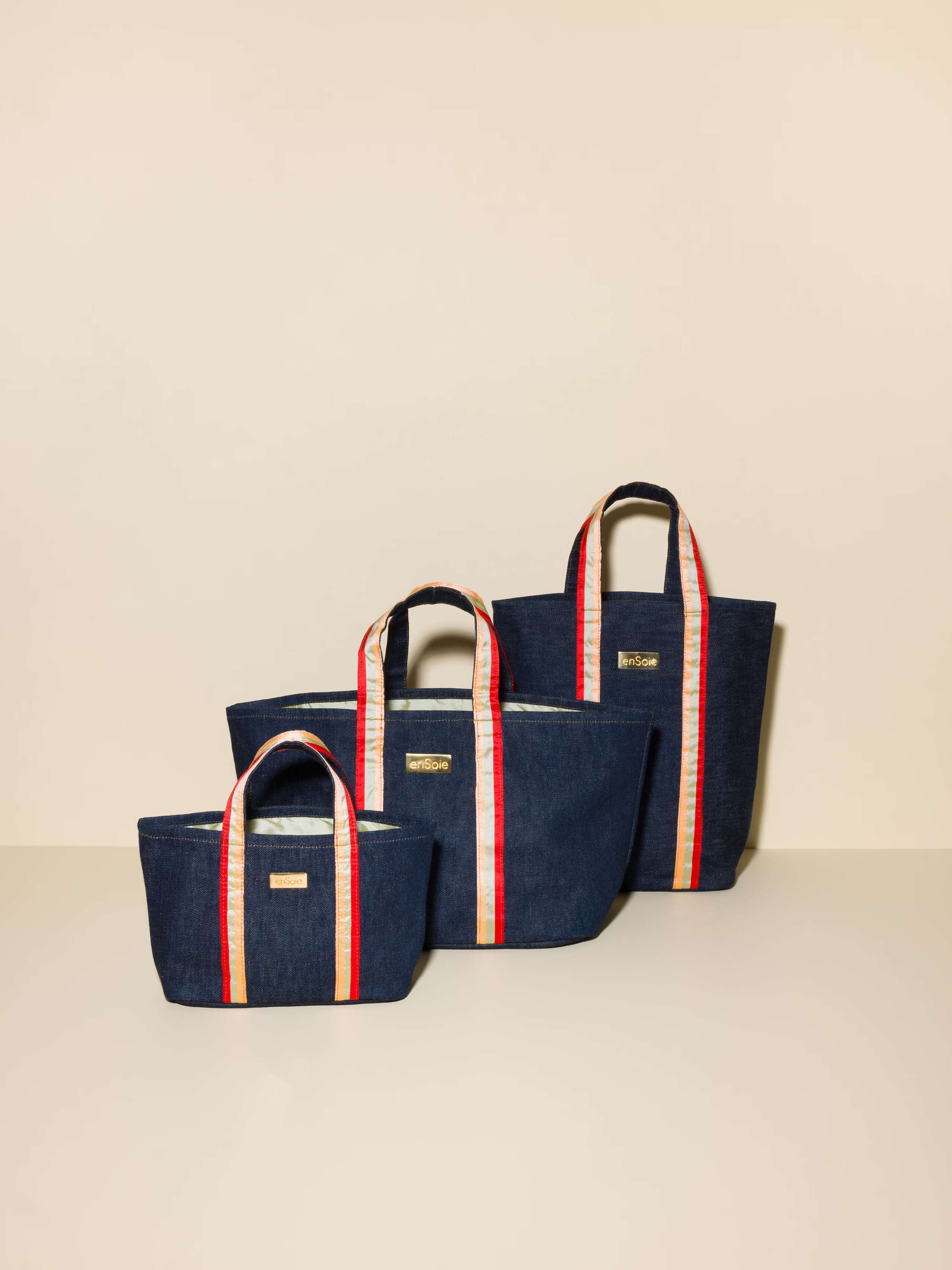 Denim upstate bag with three toned silk handles
