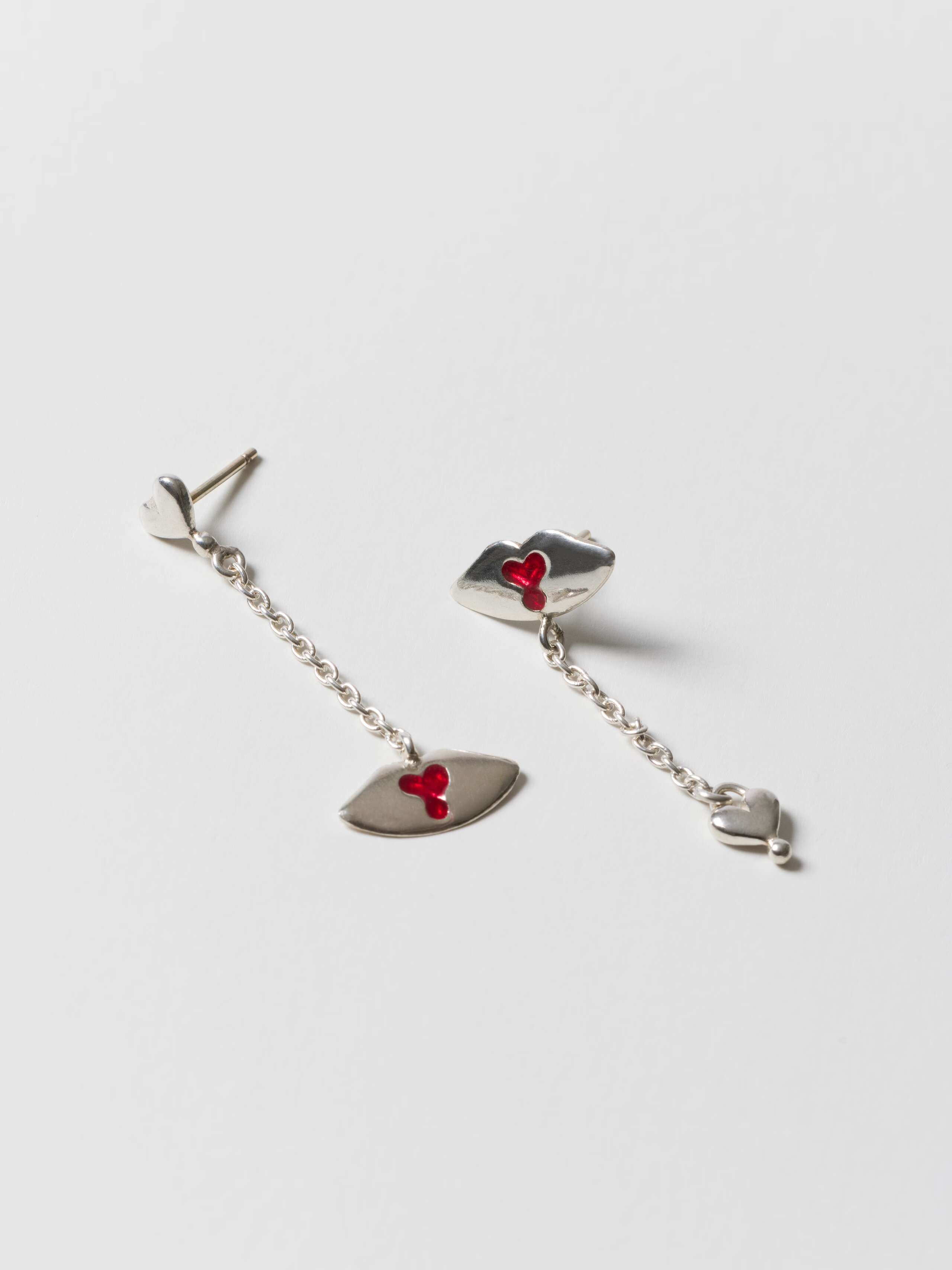 Lip and heart studs pair sterling silver and enamel