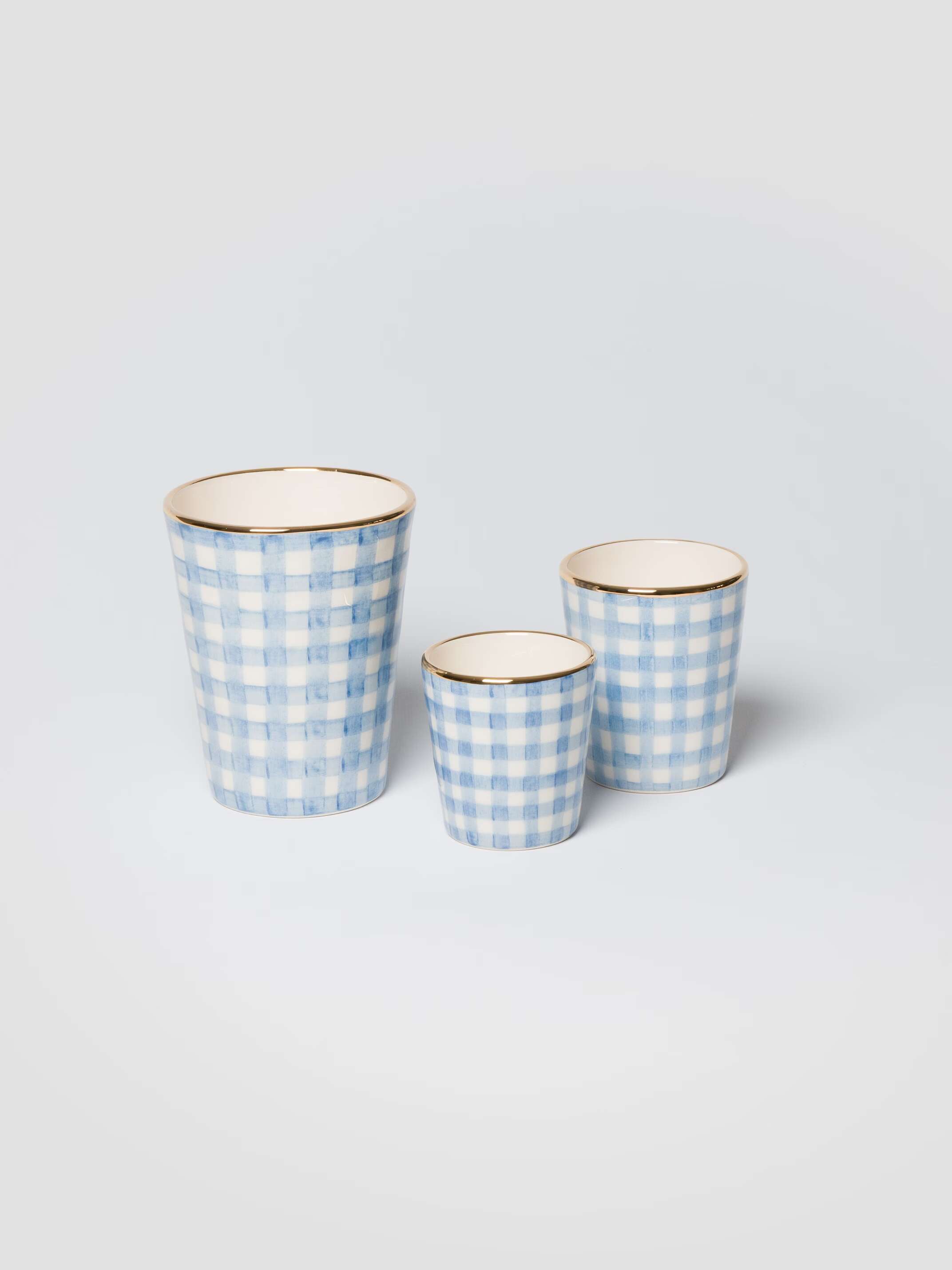 Sourire cup in vichy hand painted three sizes light blue