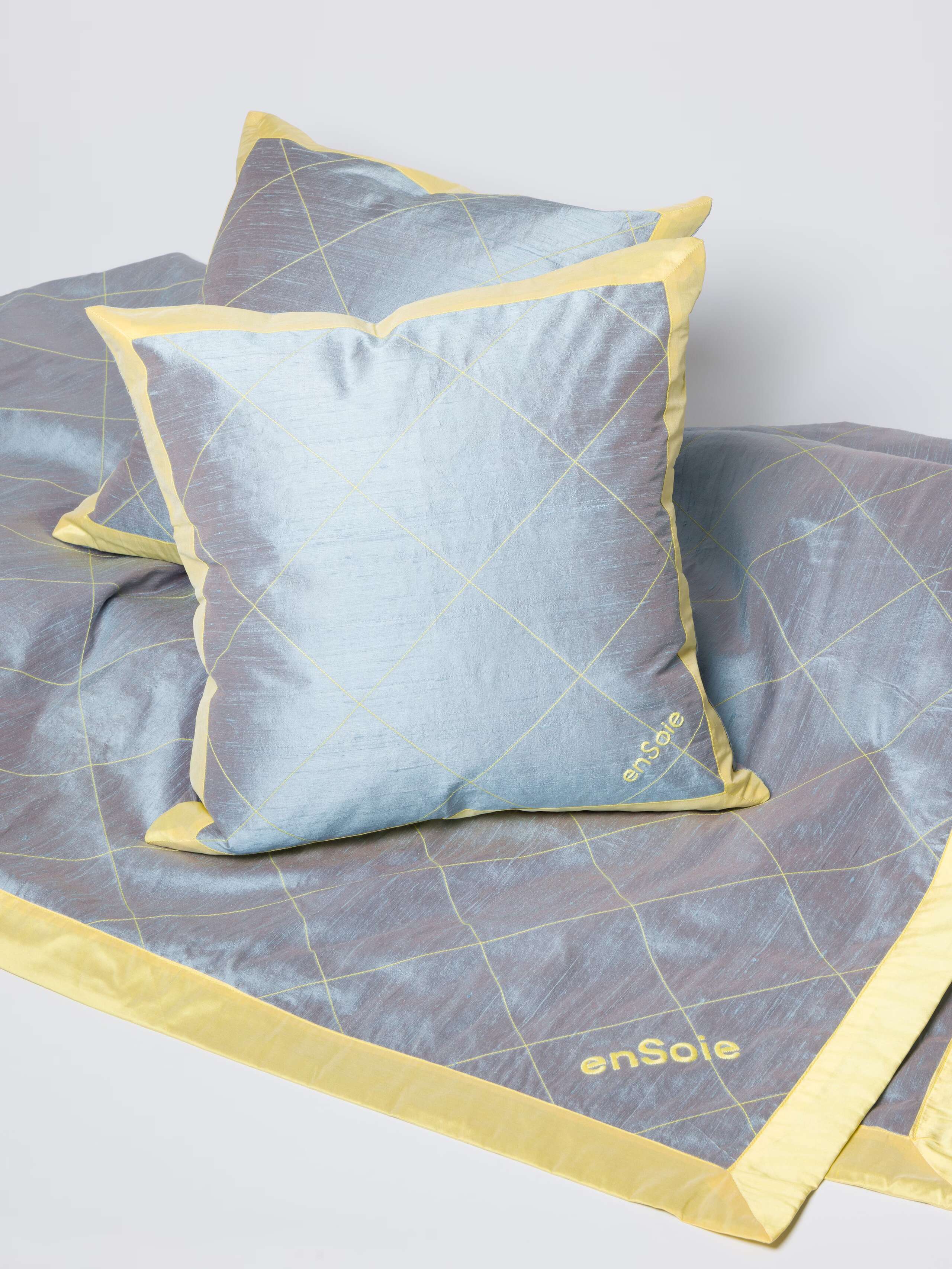 Sophie and Mila Quilt and Pillow Set in doupion silk light blue yellow