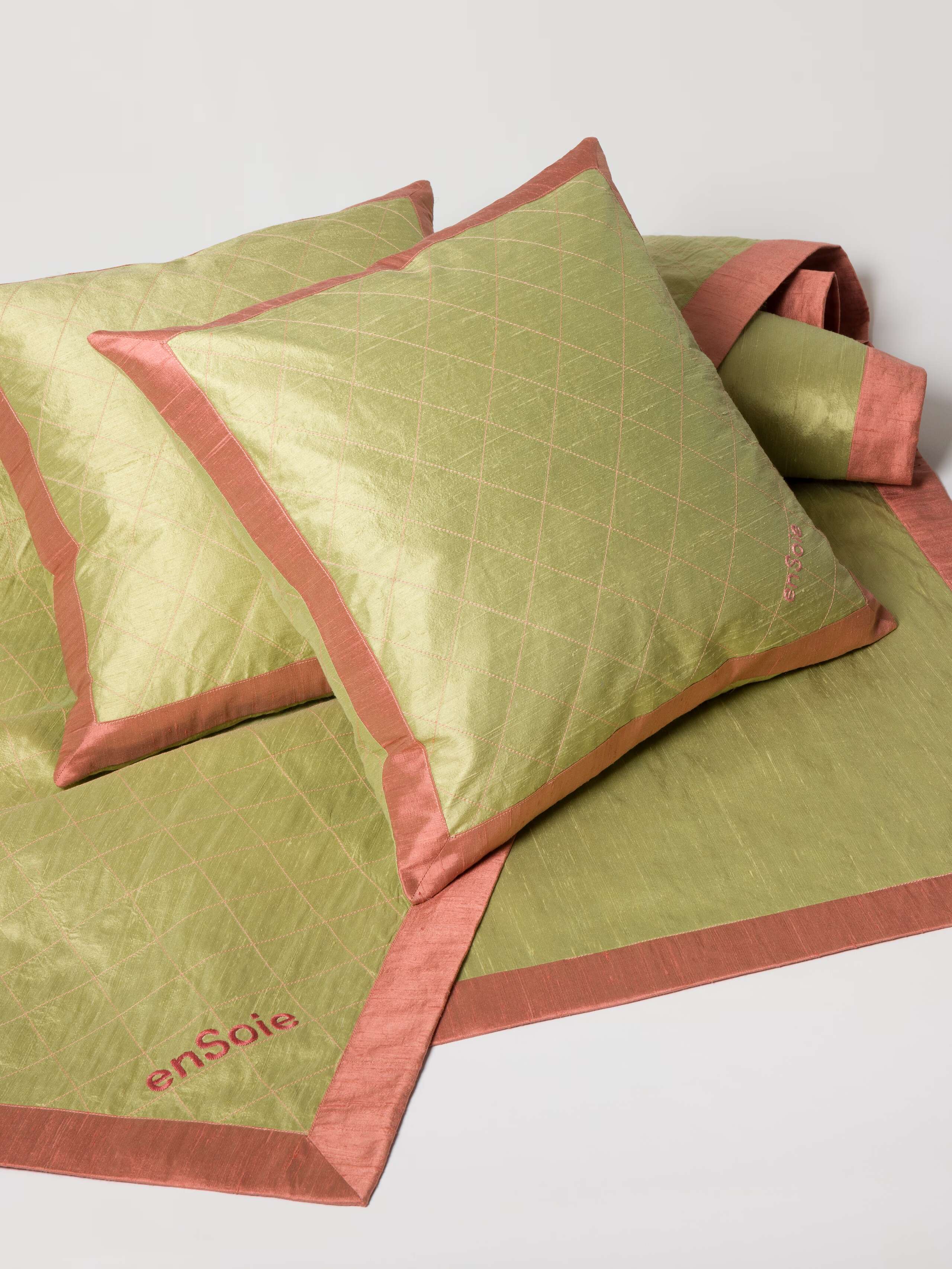 Sophie and Mila Quilt and Pillow Set in doupion silk pistache pink