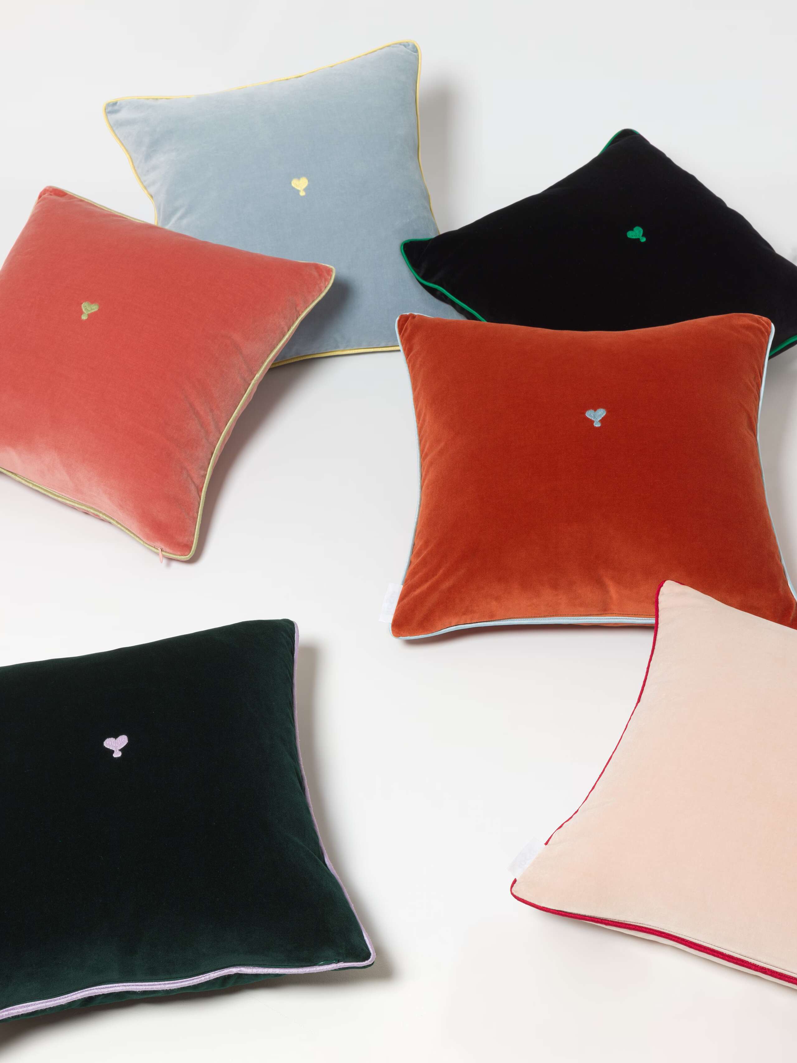Mila cotton velvet pillow cover in six colourations with doupion silk piping and heart embroidery 
