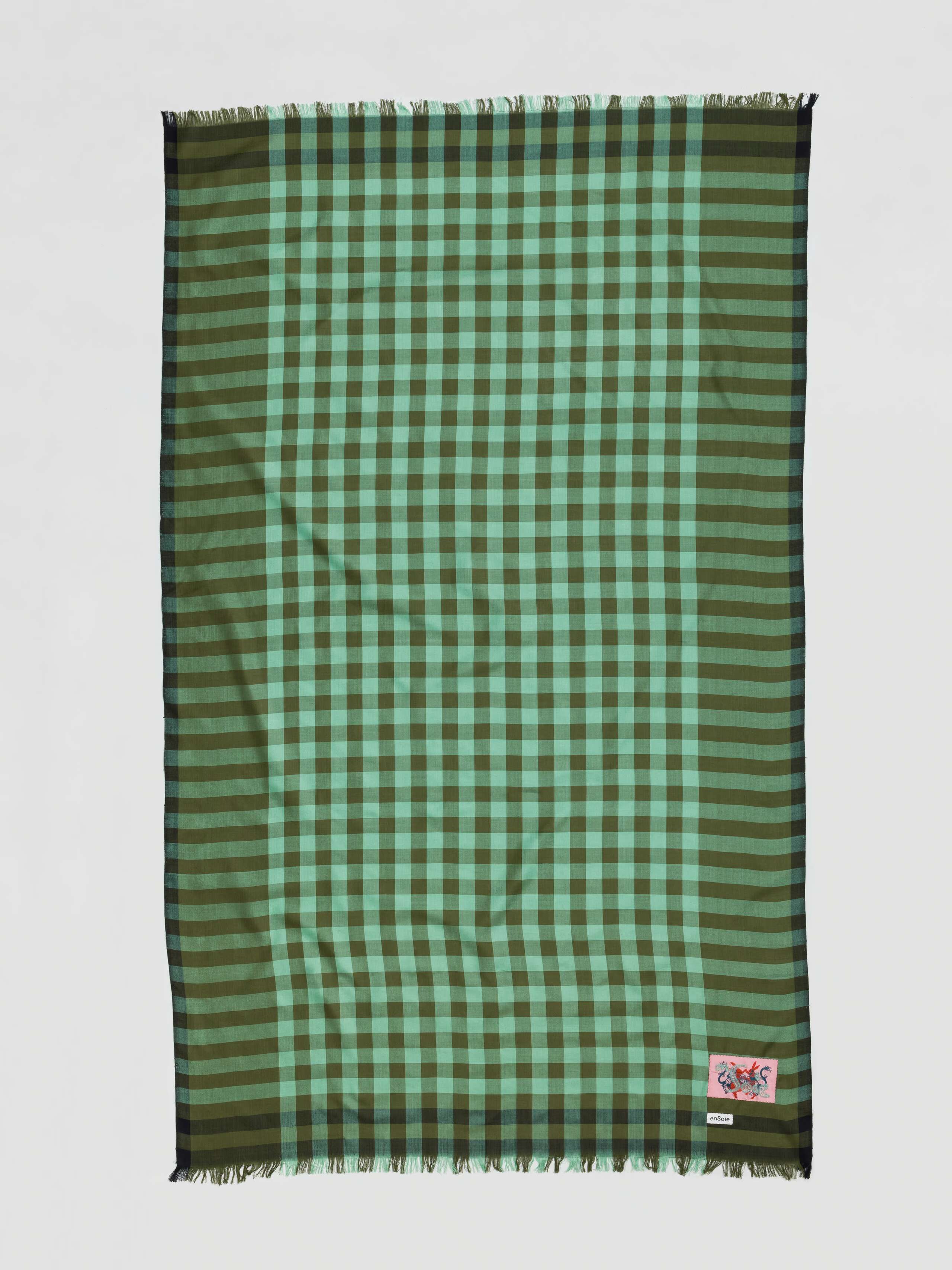 Classy Silk woven Vichy gingham check scarf in green tones